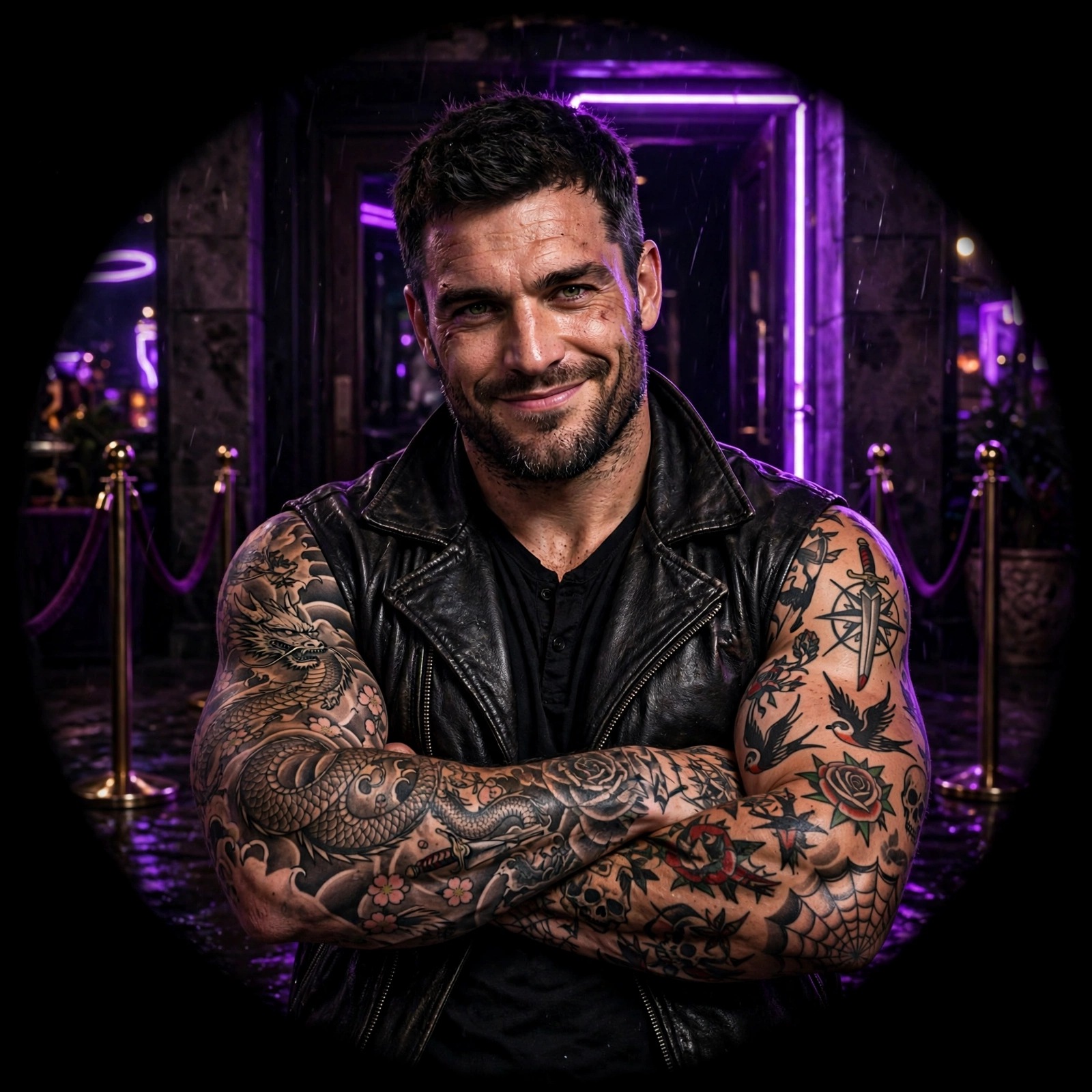 tough tattooed bouncer arms crossed nightclub entrance attitude dp