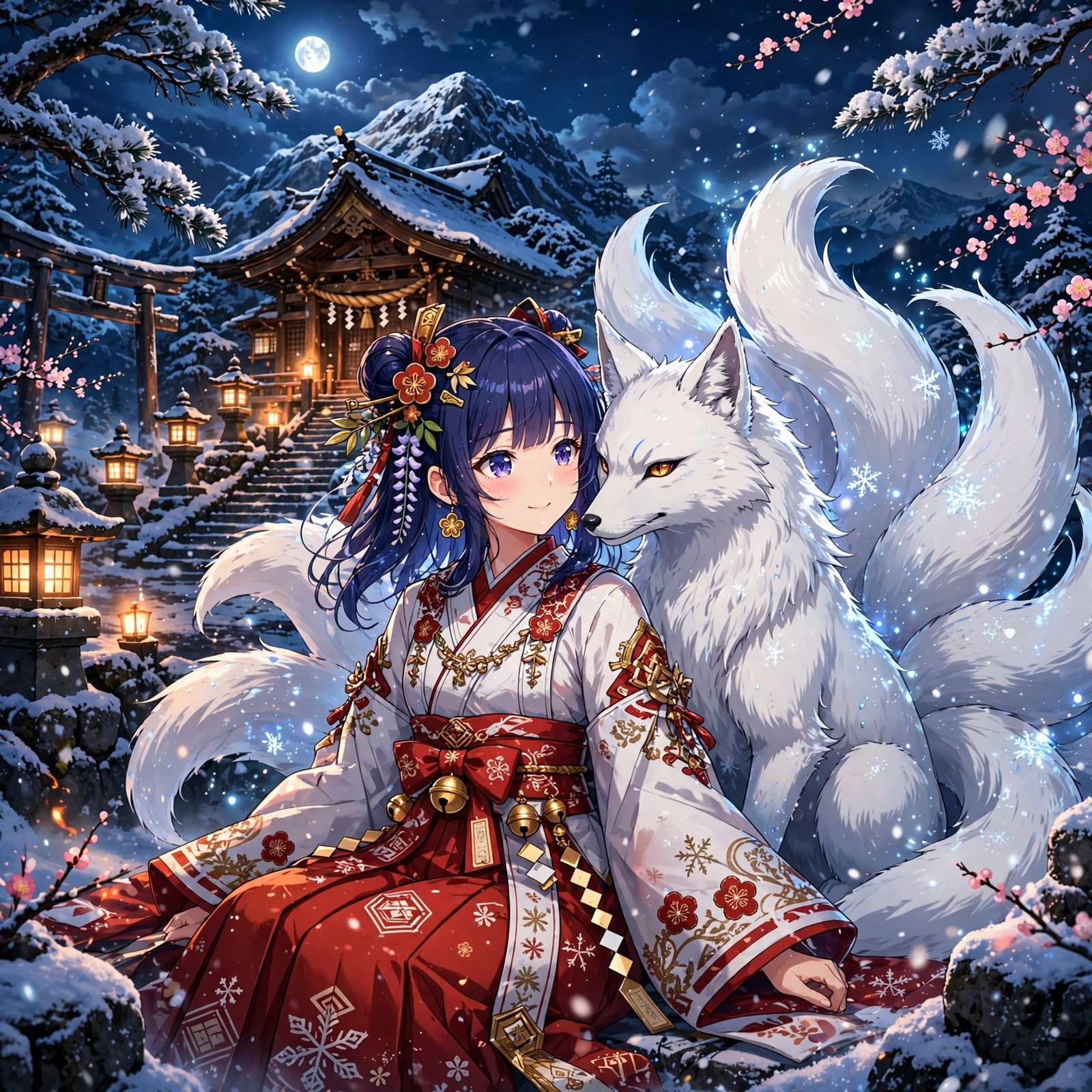 Anime shrine maiden with a white nine-tailed snow fox at a snowy shrine at night, profile picture