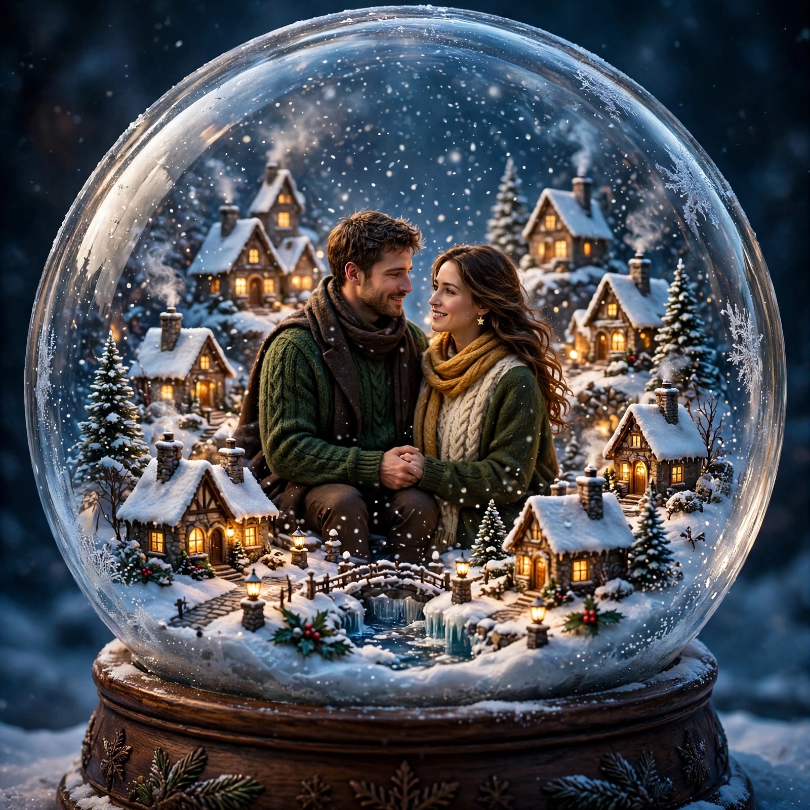 Couple inside a snow globe village with glowing cottages