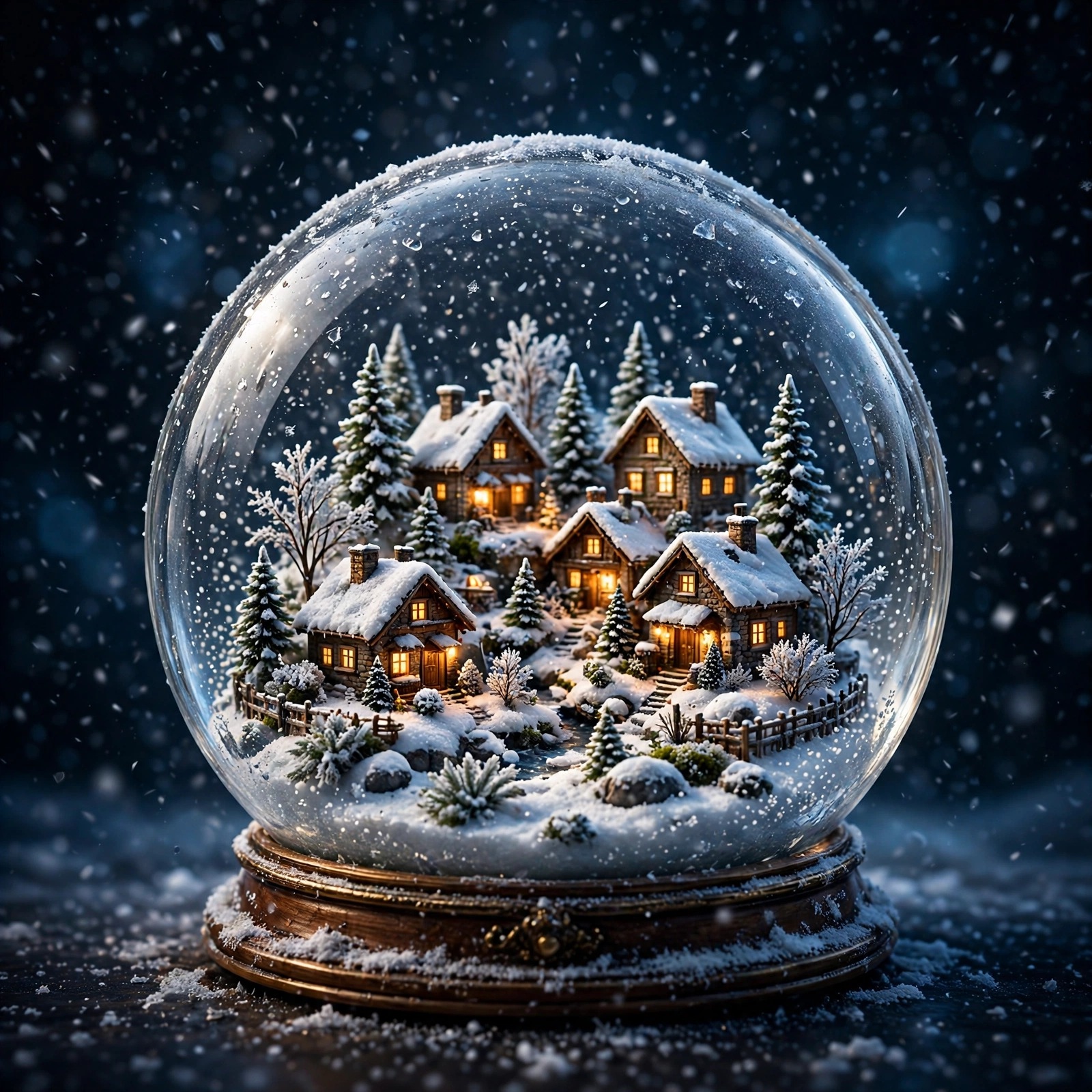Winter village inside a glass snow globe with falling snow