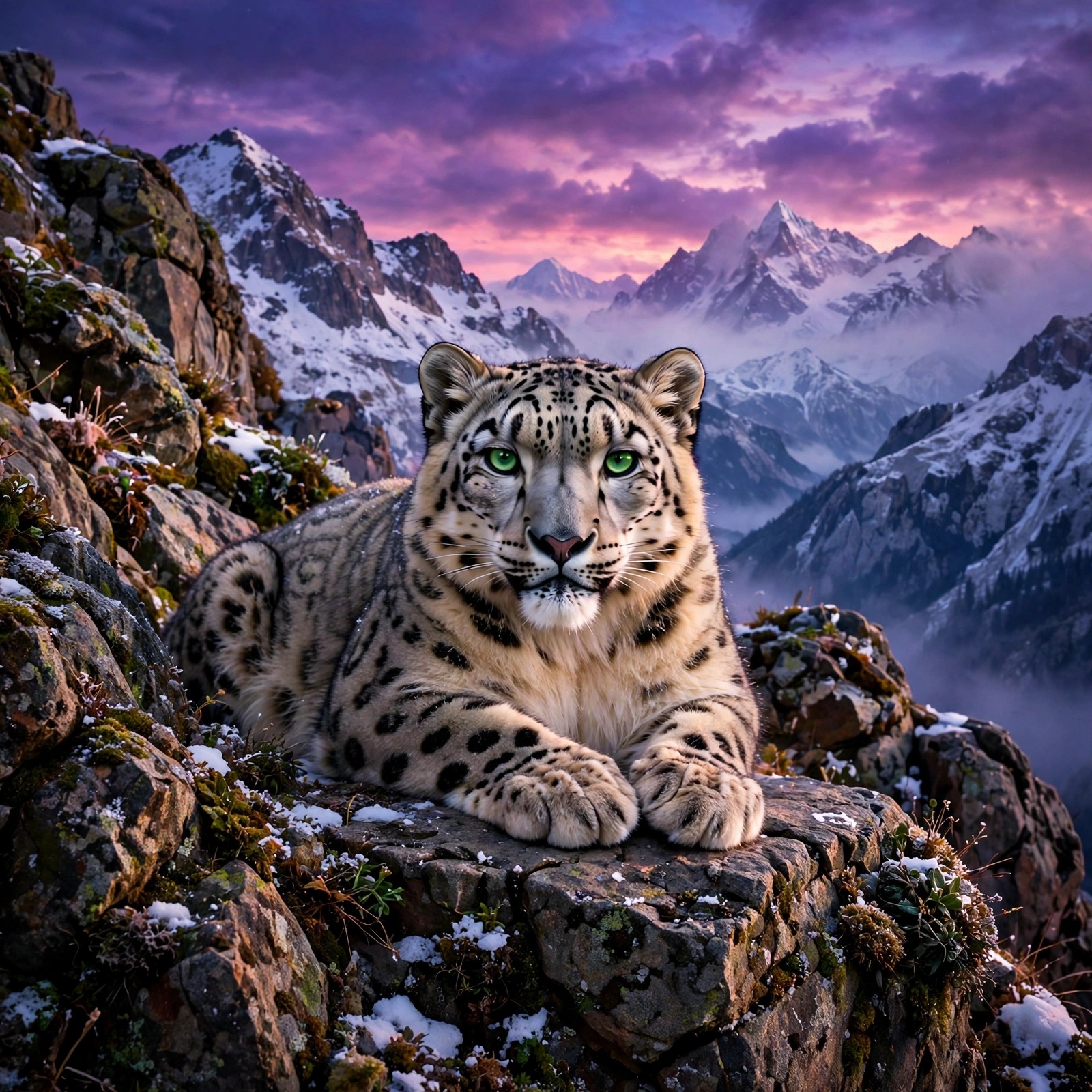Snow leopard profile picture on a mountain ledge at dusk
