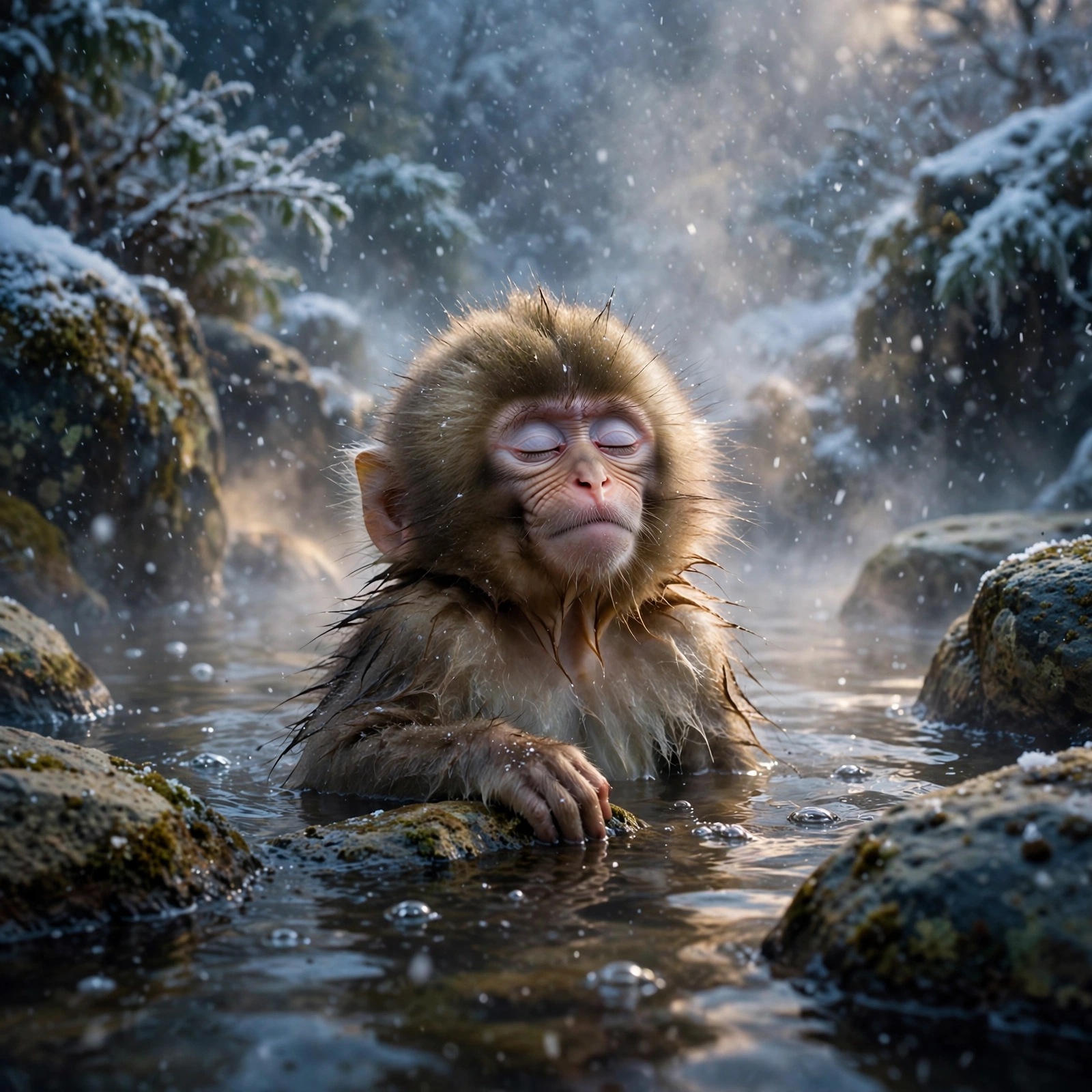 Baby snow monkey soaking in a steaming hot spring with falling snow, cute WhatsApp DP