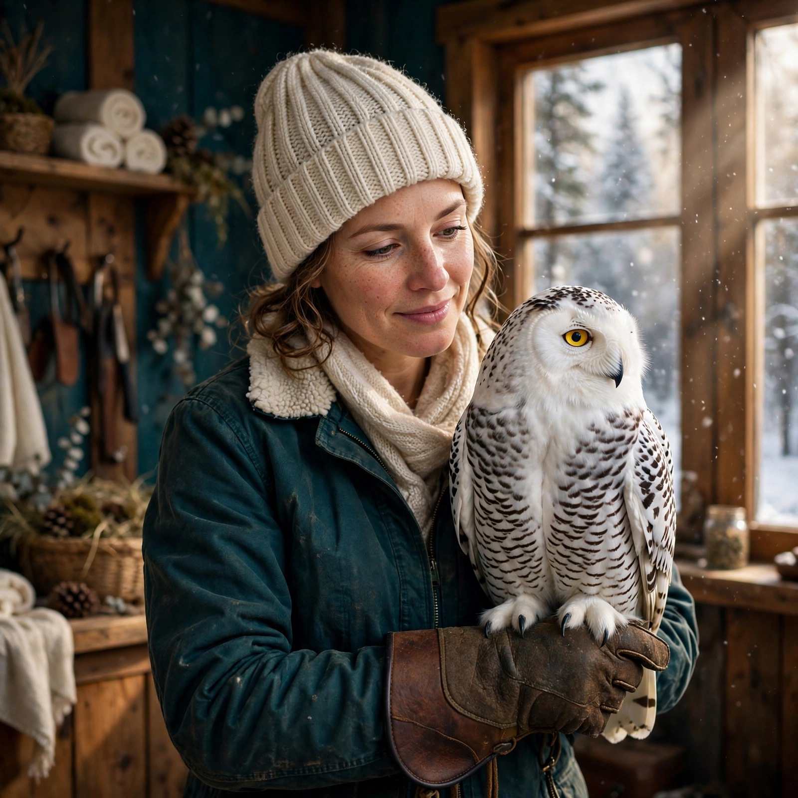 Snowy Owl Rehabilitator in Winter Sanctuary