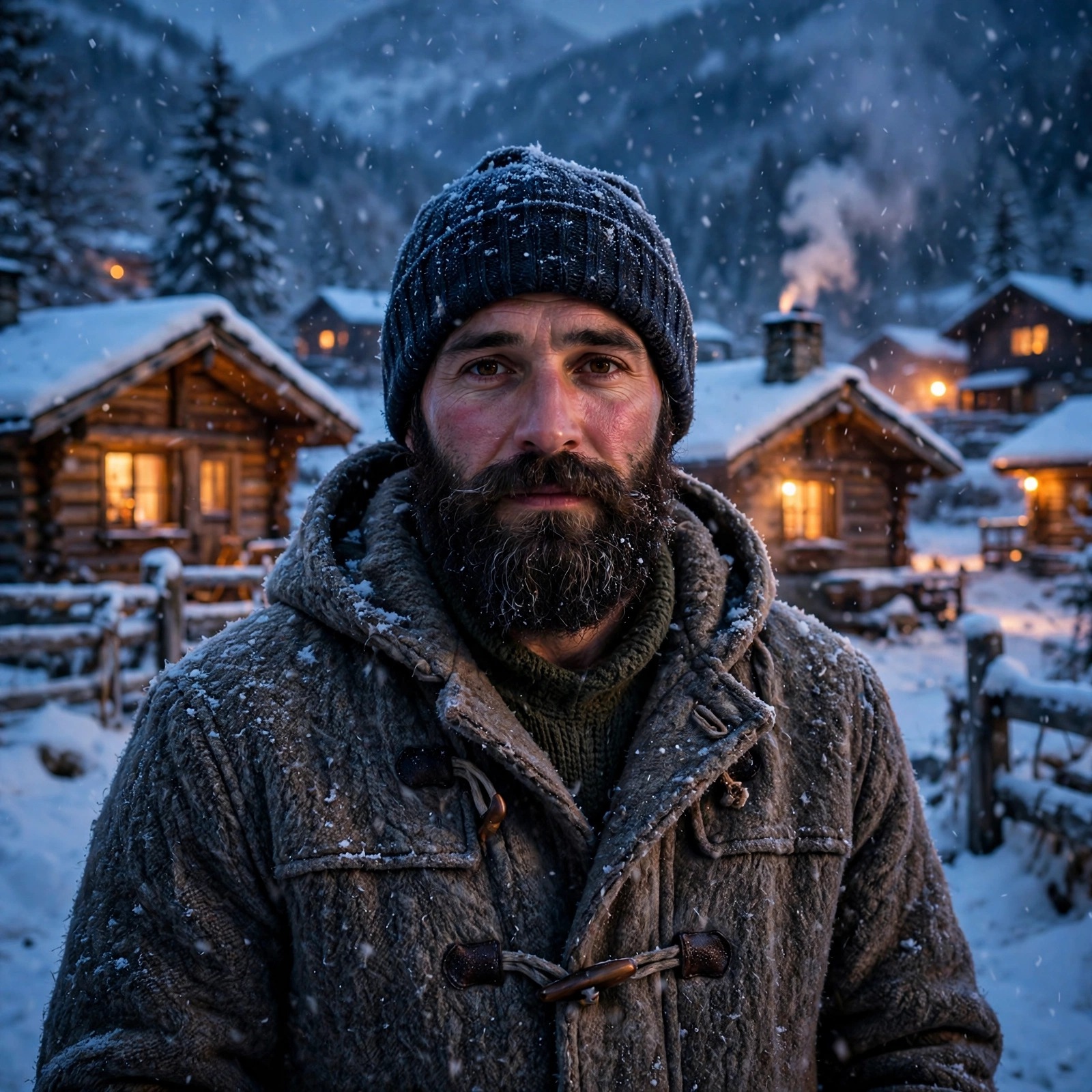 bearded trekker in snowy mountain village boys dp