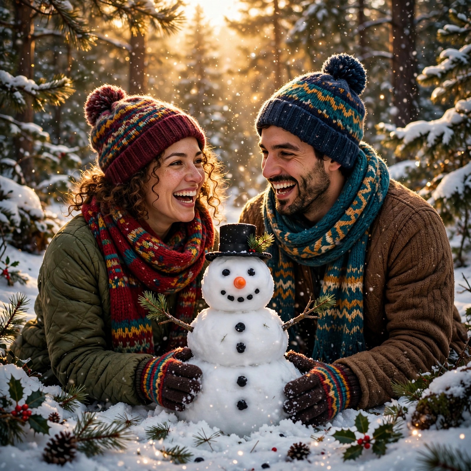 Happy couple building a snowman together in a snowy pine forest