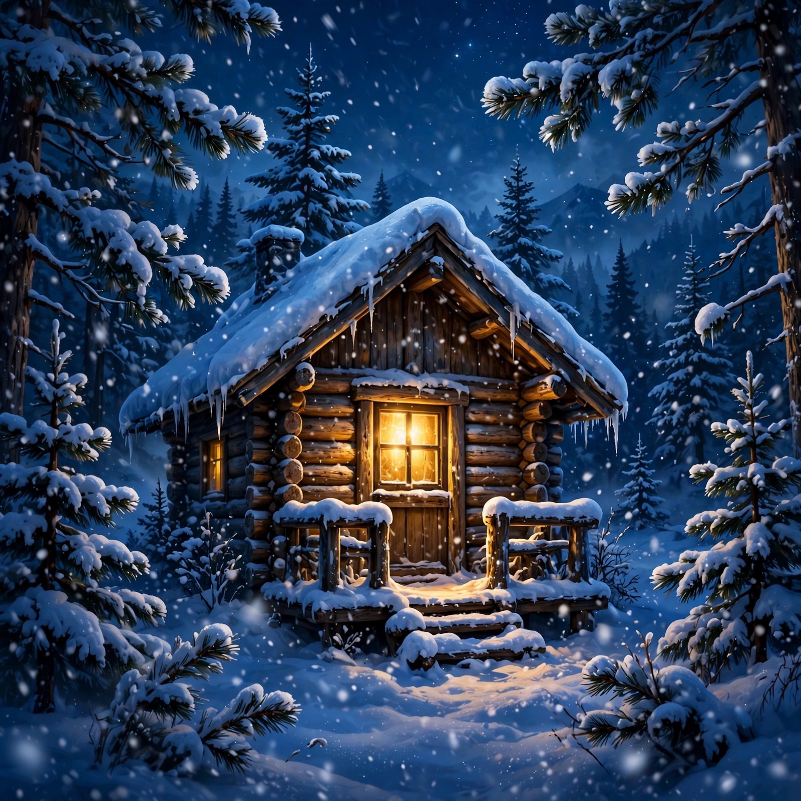 Snow-covered log cabin at night with a glowing golden window among pine trees and falling snow, square WhatsApp DP