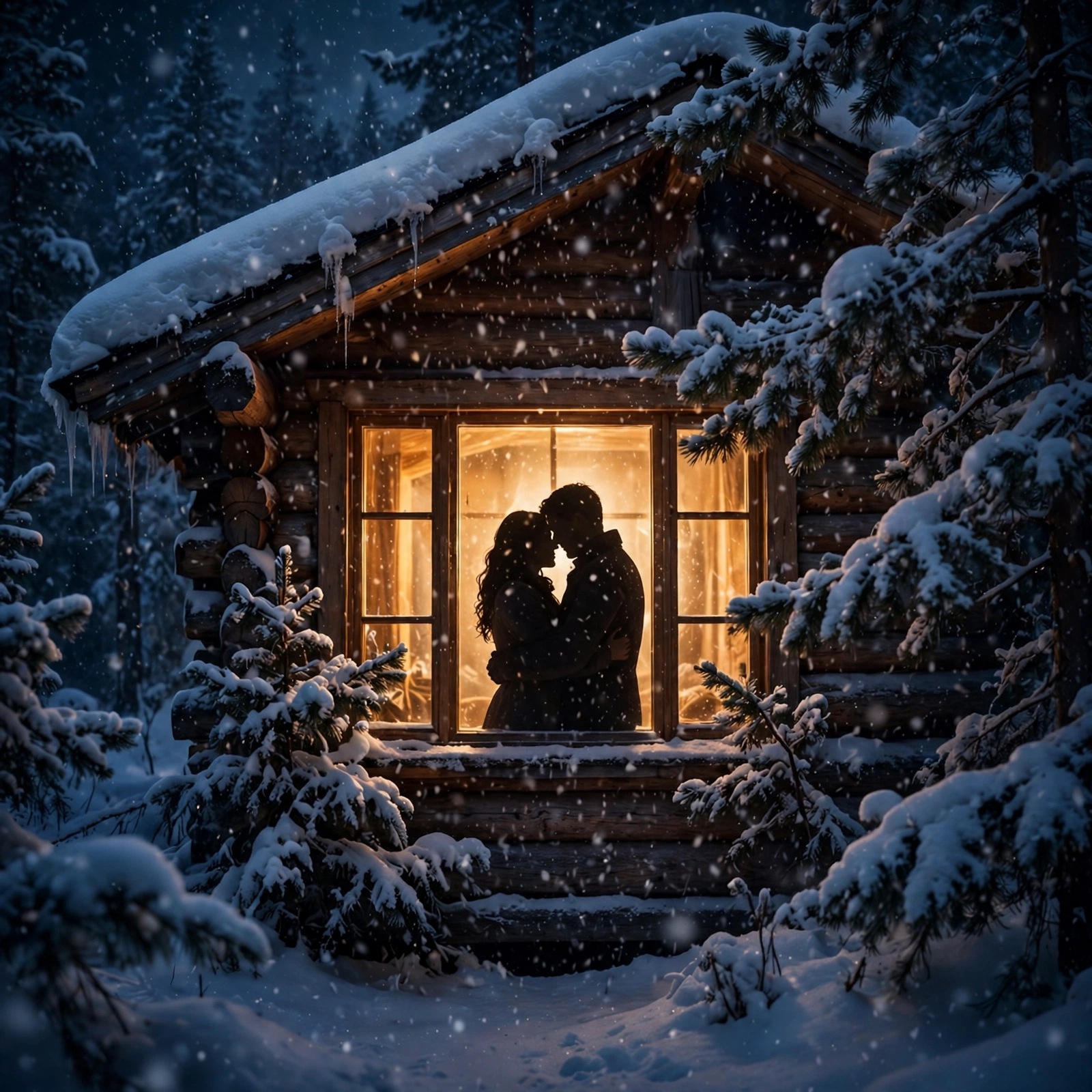 couple silhouettes in glowing snowy cabin window love dp