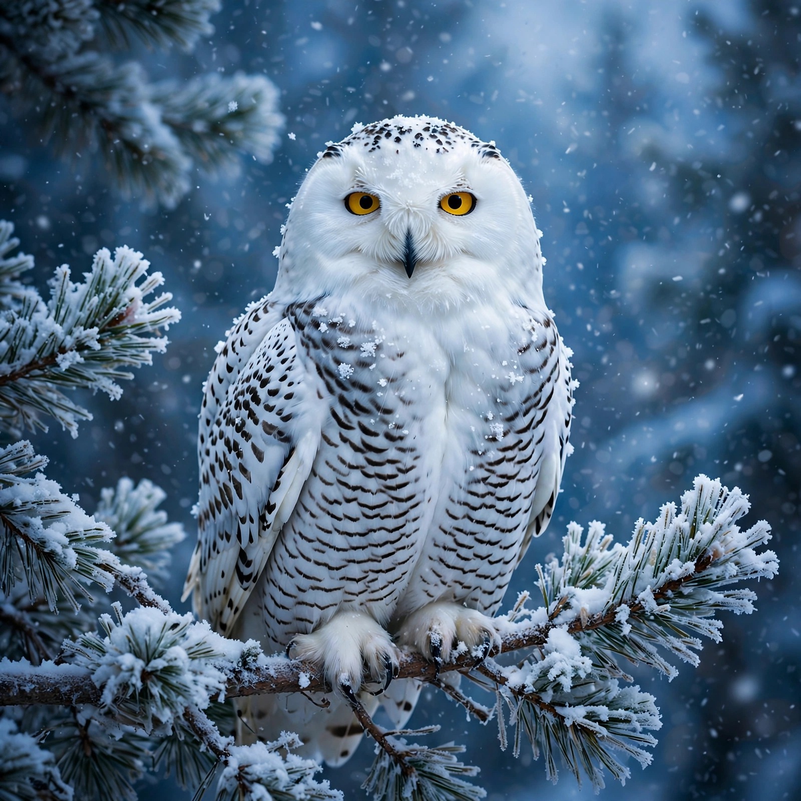 Snowy Owl on a Frosted Pine in a Blizzard