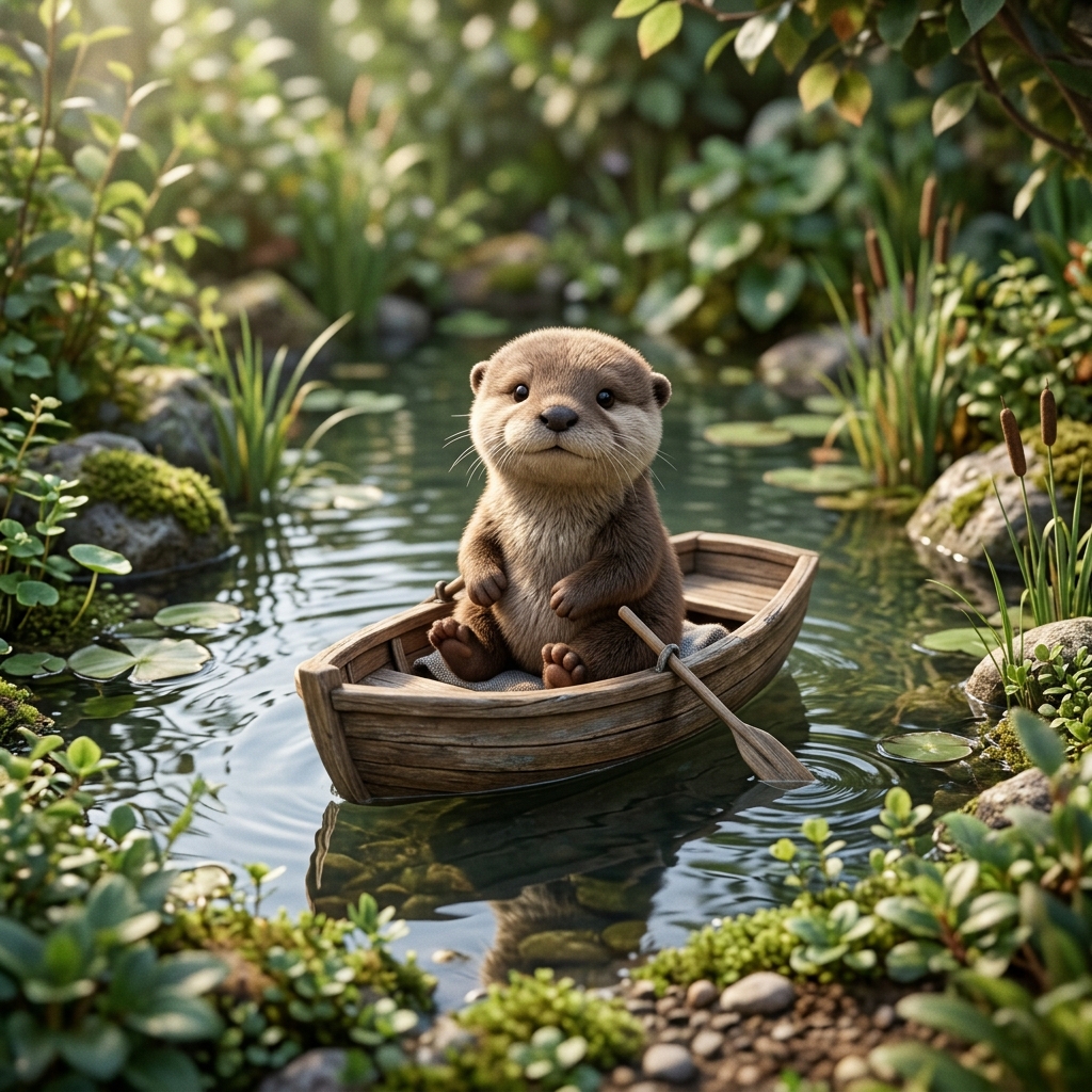 A small soft 3D otter sits in a wooden boat on a calm miniature pond