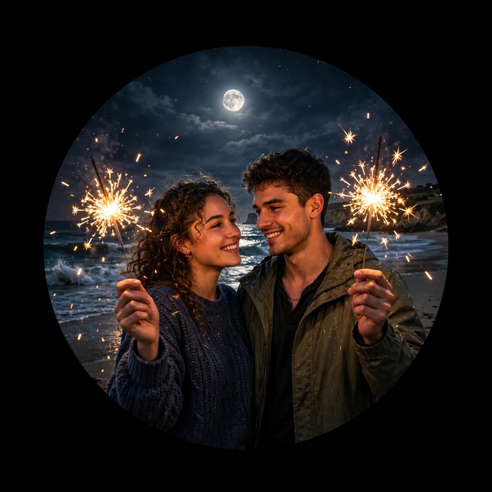 Couple holding golden sparklers on a night beach under moonlight