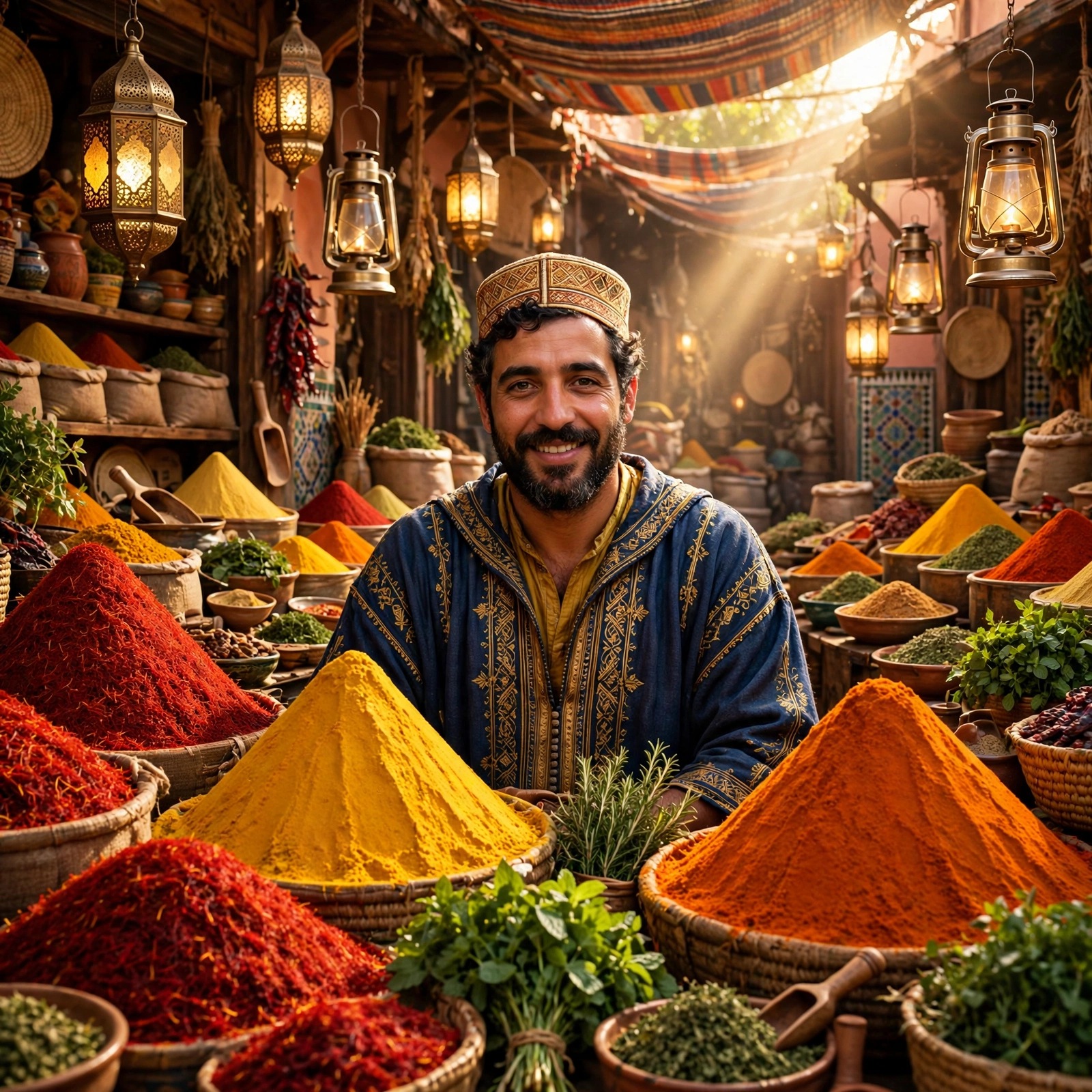 Spice merchant among colorful spice cones in a glowing Marrakech souk, boys WhatsApp DP