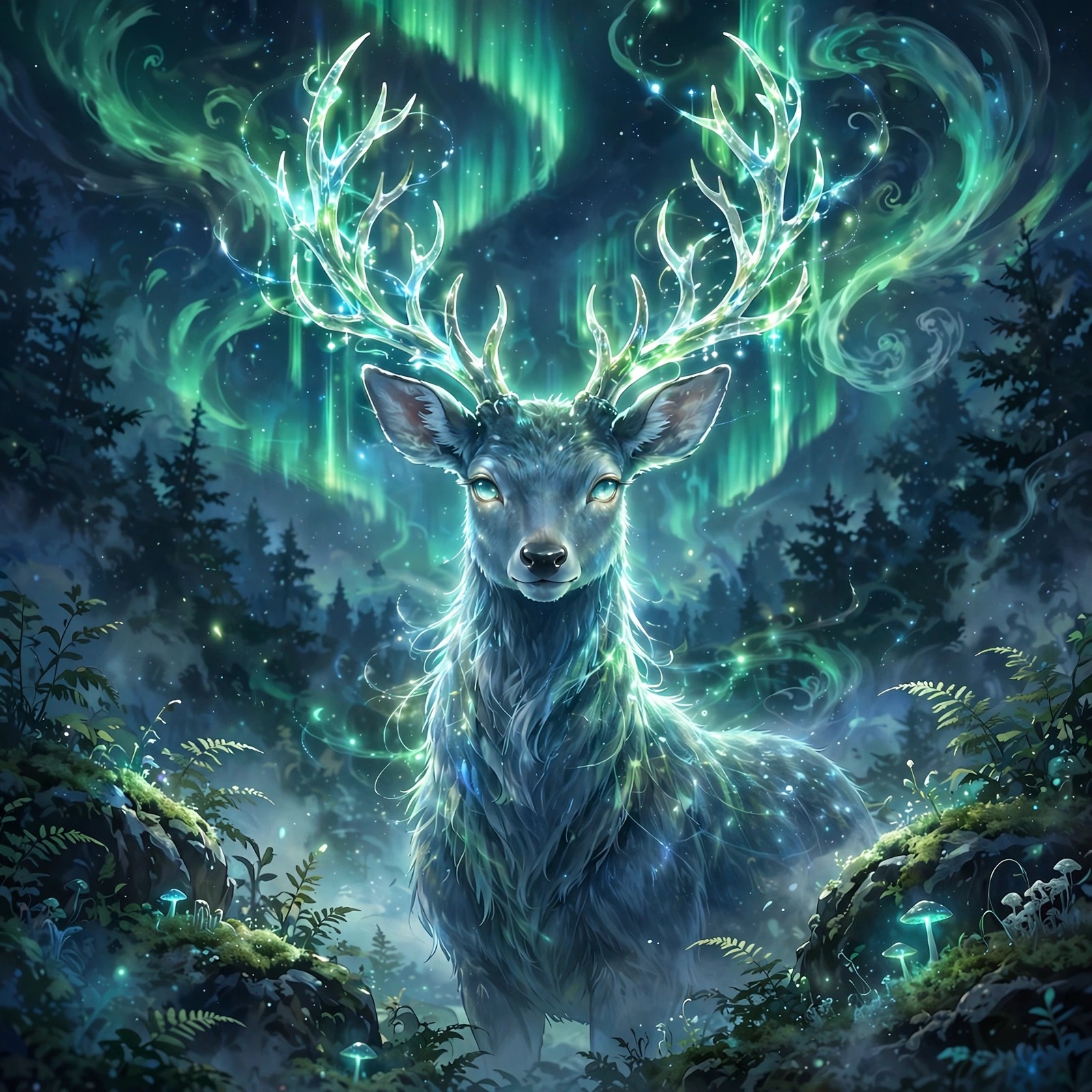 glowing spirit deer under aurora night forest anime dp