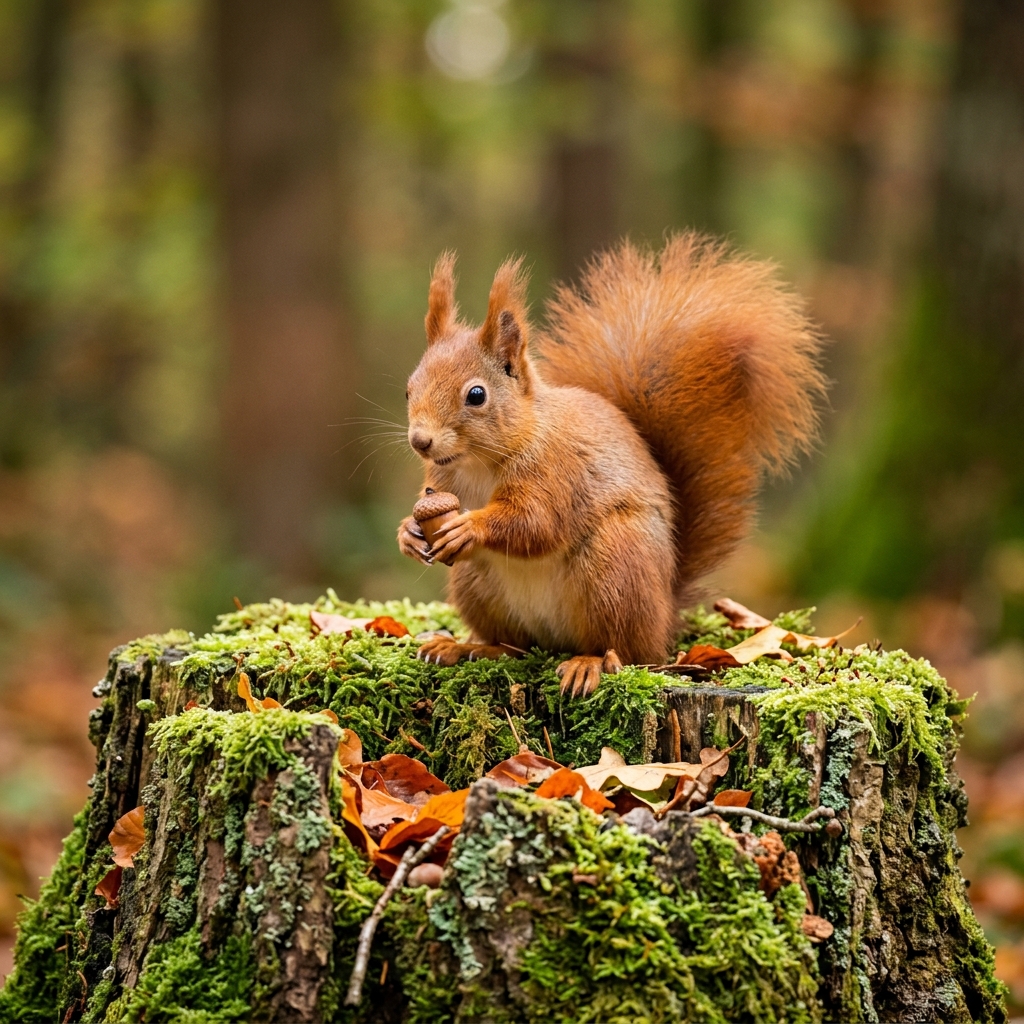 A red squirrel holds an acorn on a moss-covered tree stump