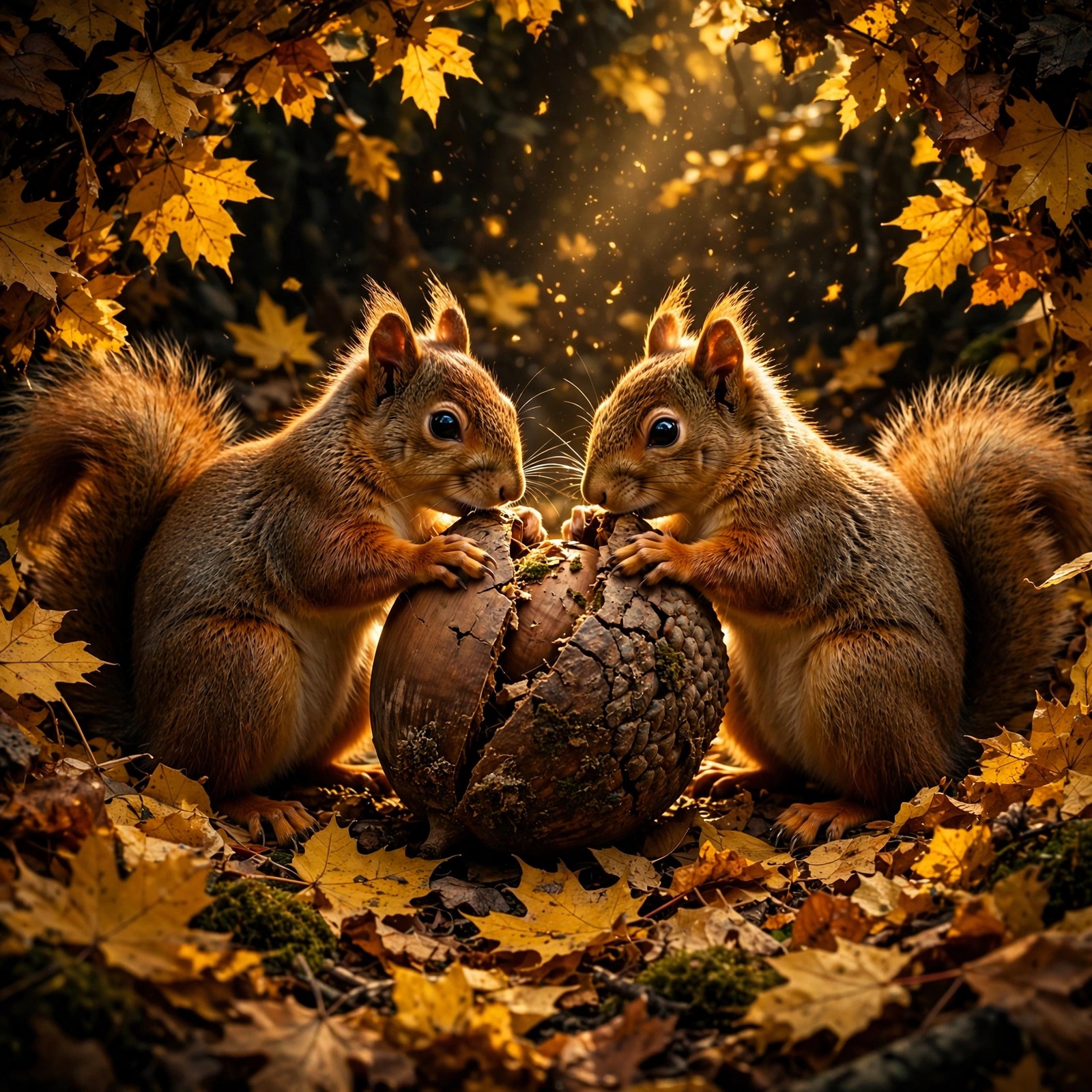 Two squirrels sharing a giant acorn among golden autumn leaves