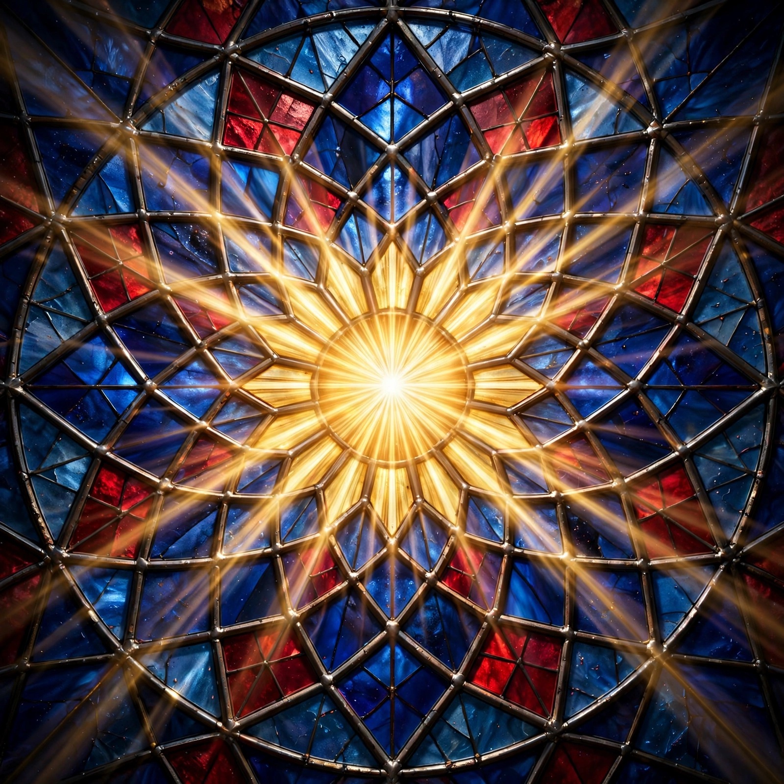 Geometric star stained-glass window with a golden sunburst at its center, Islamic DP