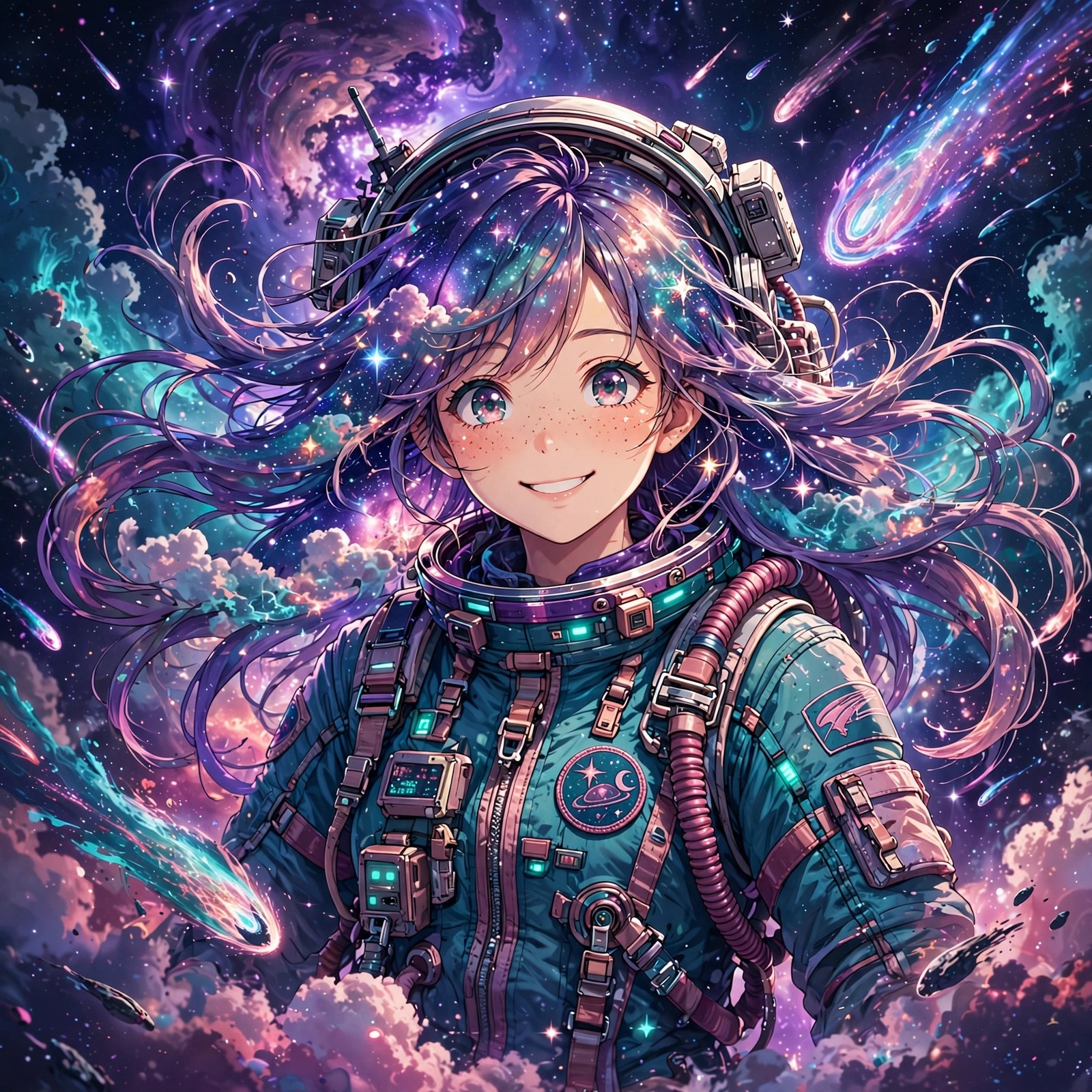 anime girl astronaut floating among nebulas anime dp