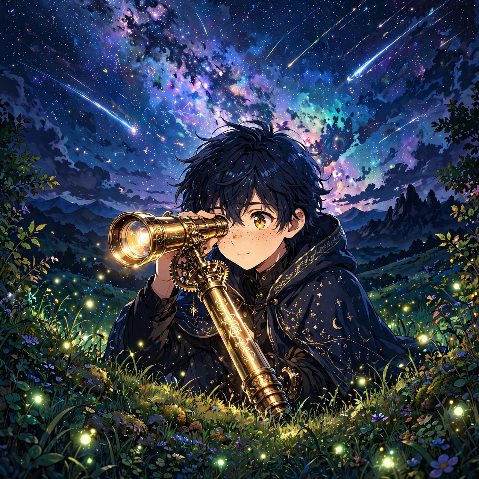 Anime boy with glowing telescope under the milky way at night, square anime DP