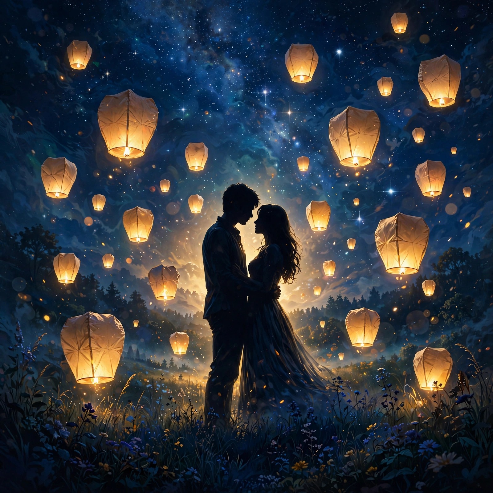 a couple silhouetted under a starry night sky with floating glowing paper lanterns