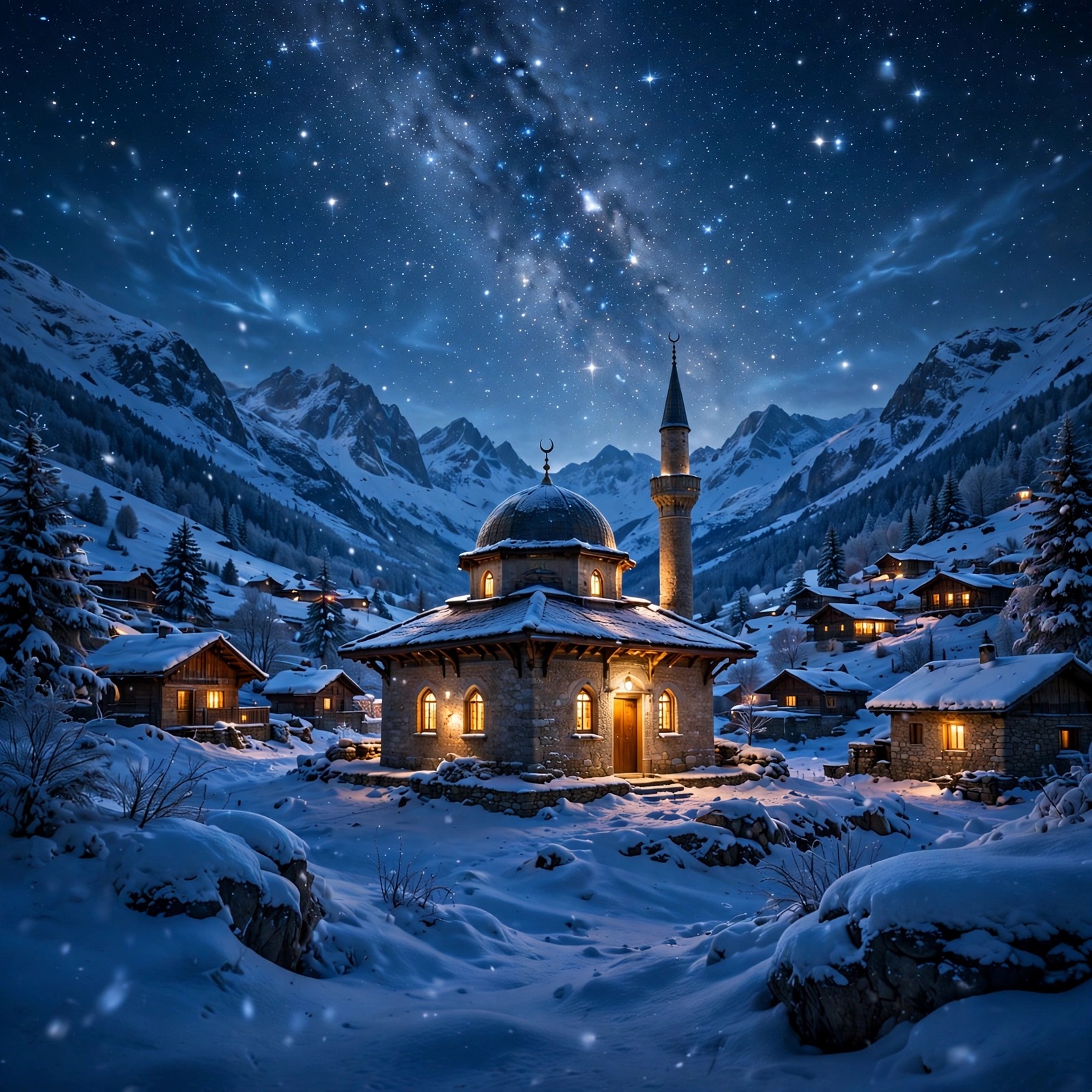 Starry snowy mountain village mosque at night