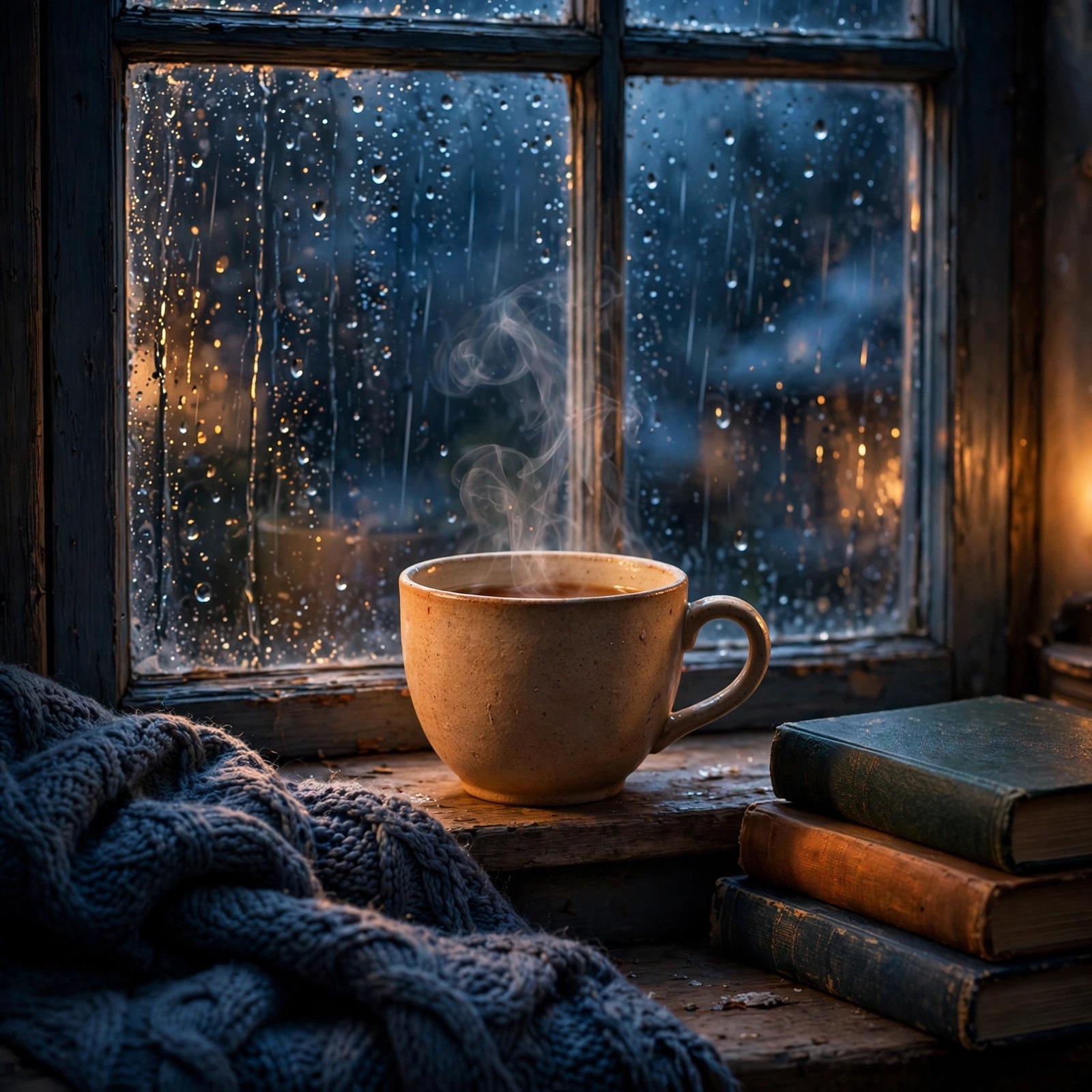 steaming tea cup by rainy window aesthetic dp