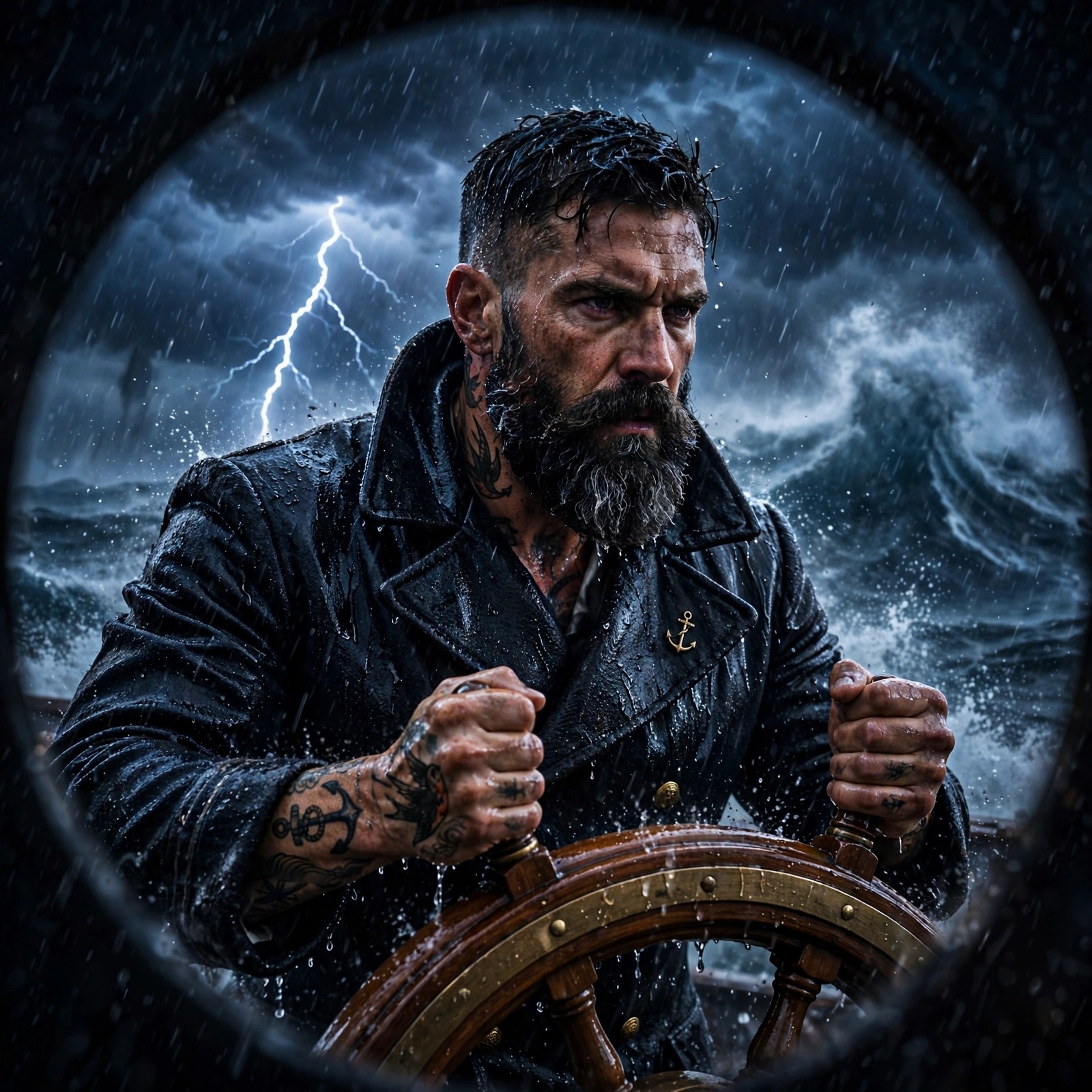 Tattooed sailor captain at ship helm in storm with lightning and giant waves, attitude WhatsApp DP