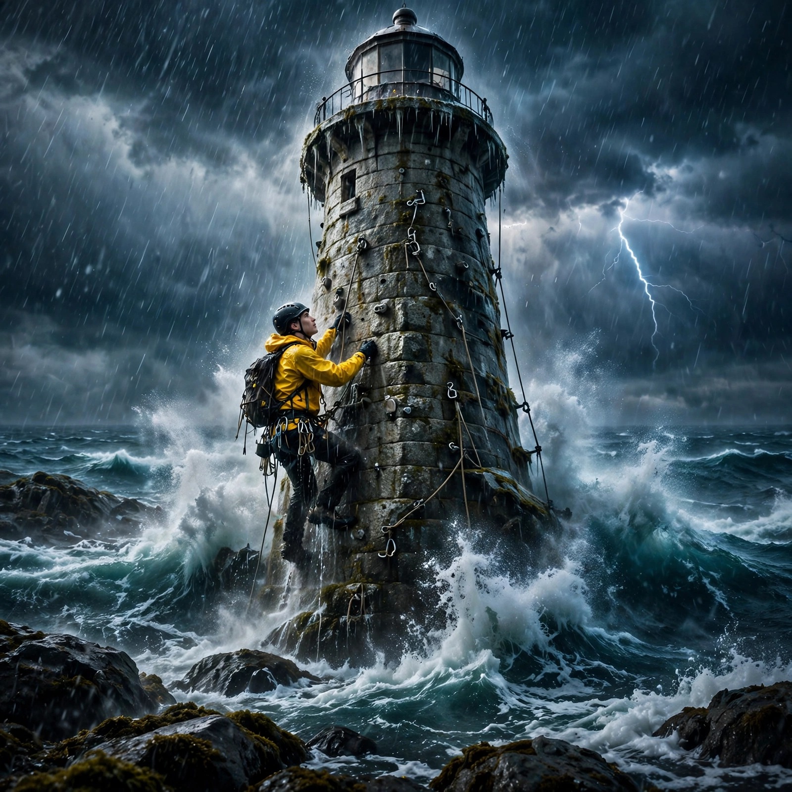 Storm Lighthouse Climber in Driving Rain