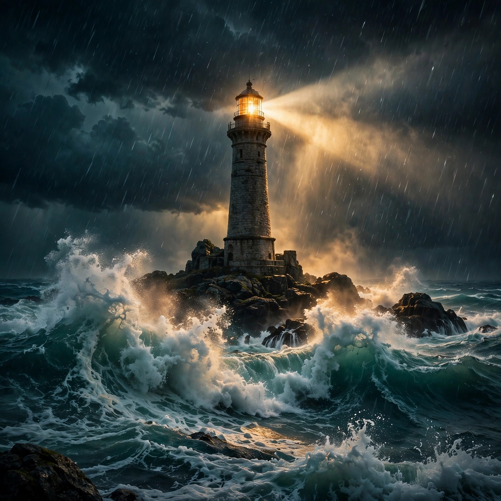 Stone lighthouse beam in a stormy night over crashing teal waves, aesthetic DP