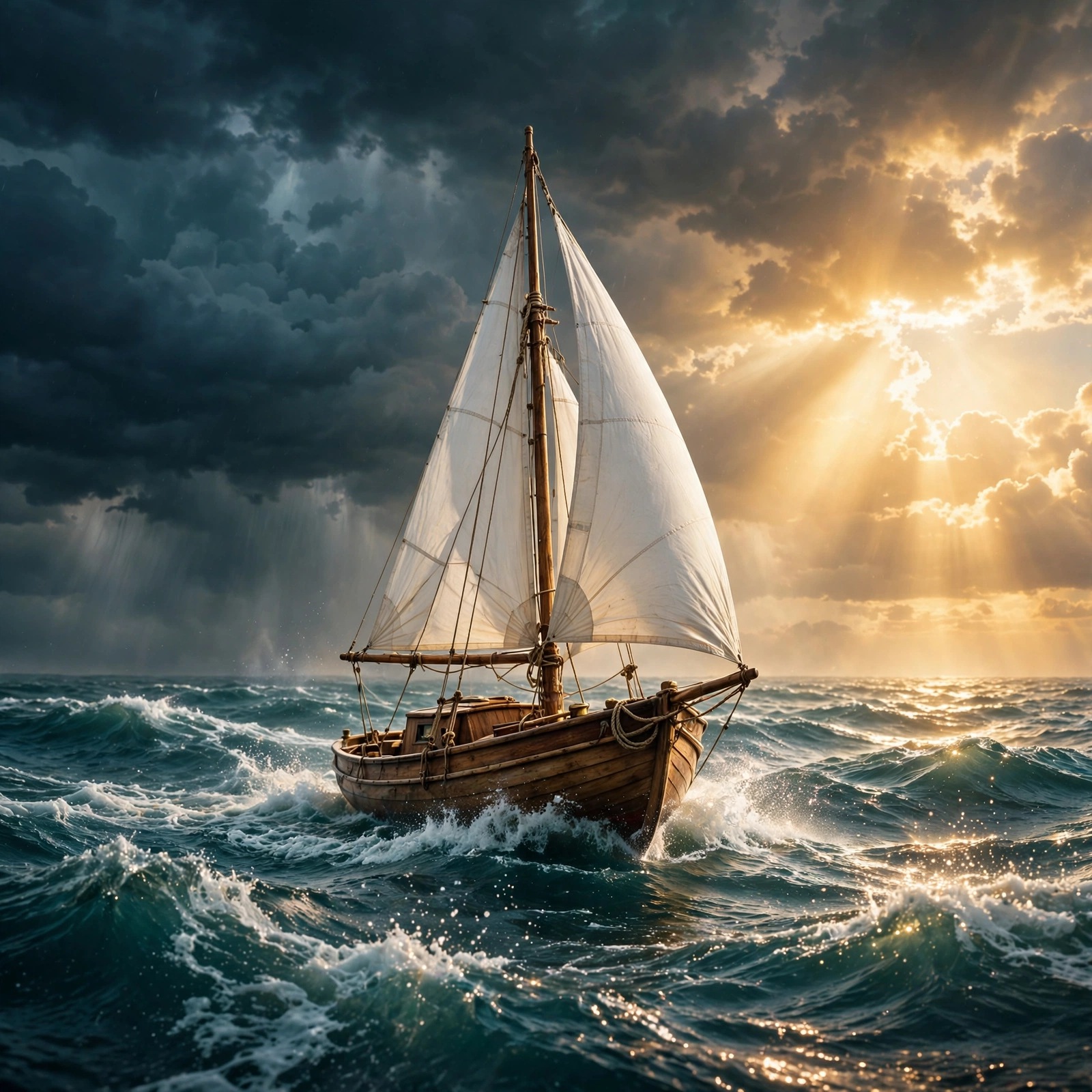 Sailboat with white sails sailing out of a dark storm into golden sunlight, motivational DP