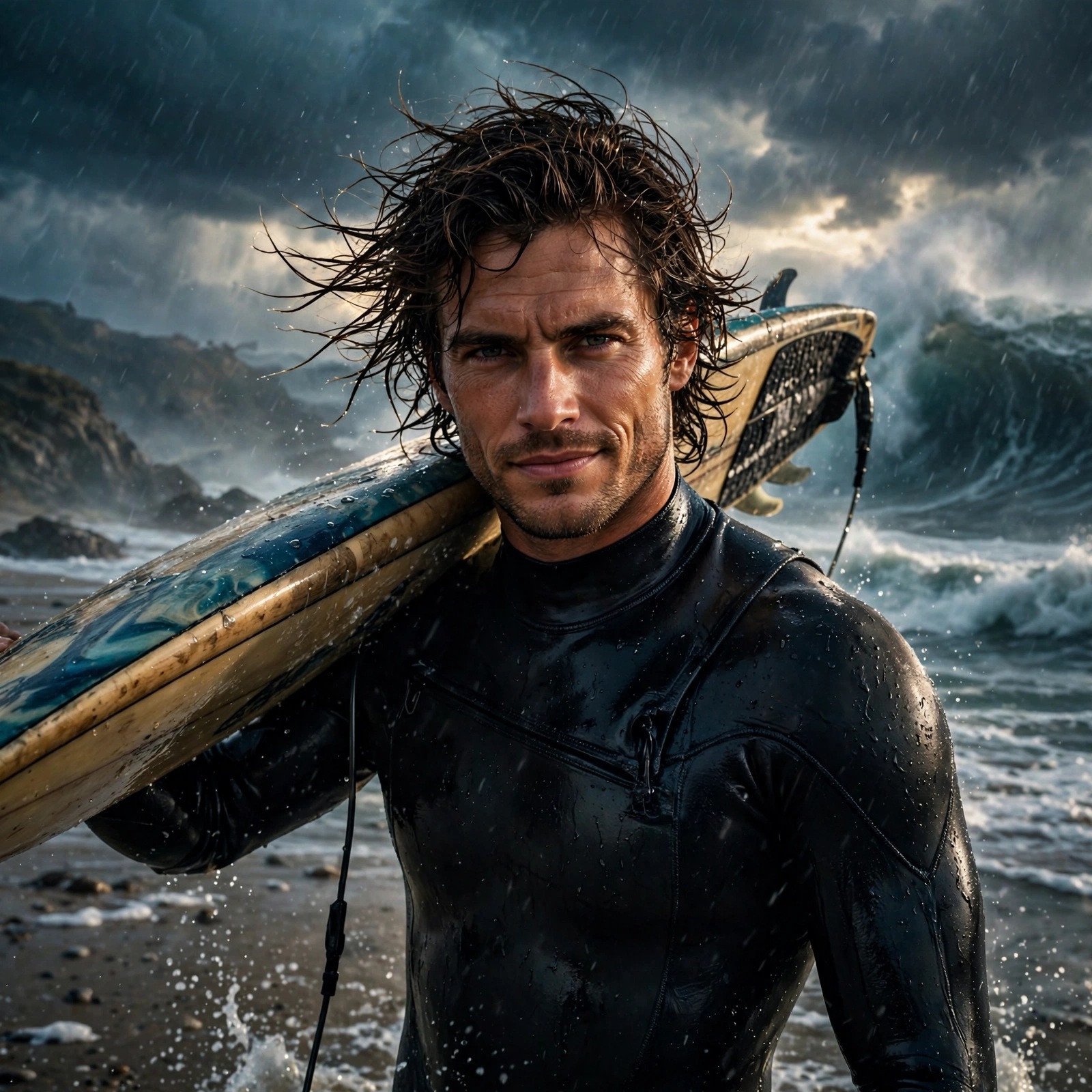 fictional adult man surfer carrying board on shoulder at a stormy beach attitude dp