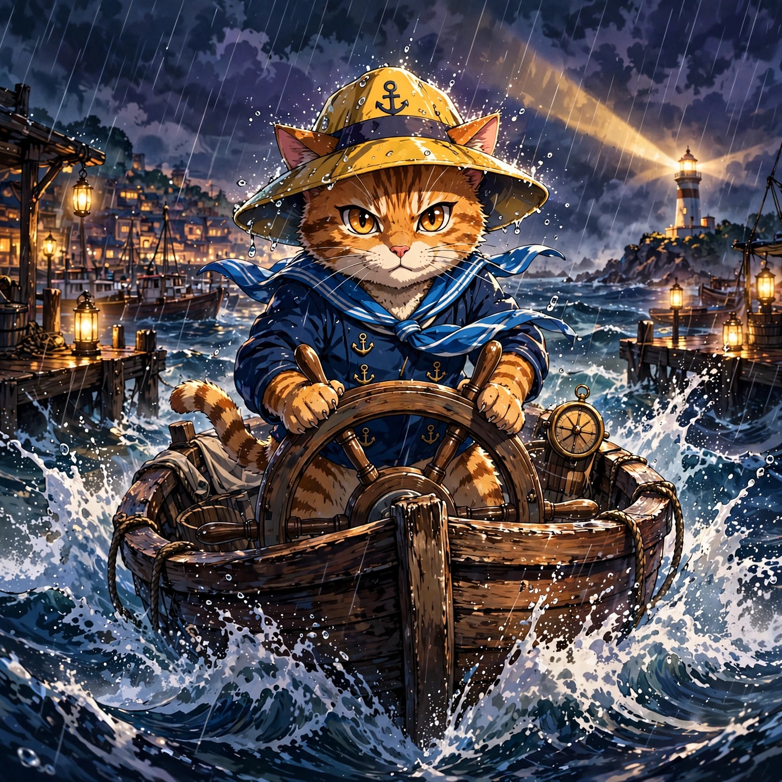 Brave orange tabby cat sailor steering a wooden boat in a stormy harbor at dusk