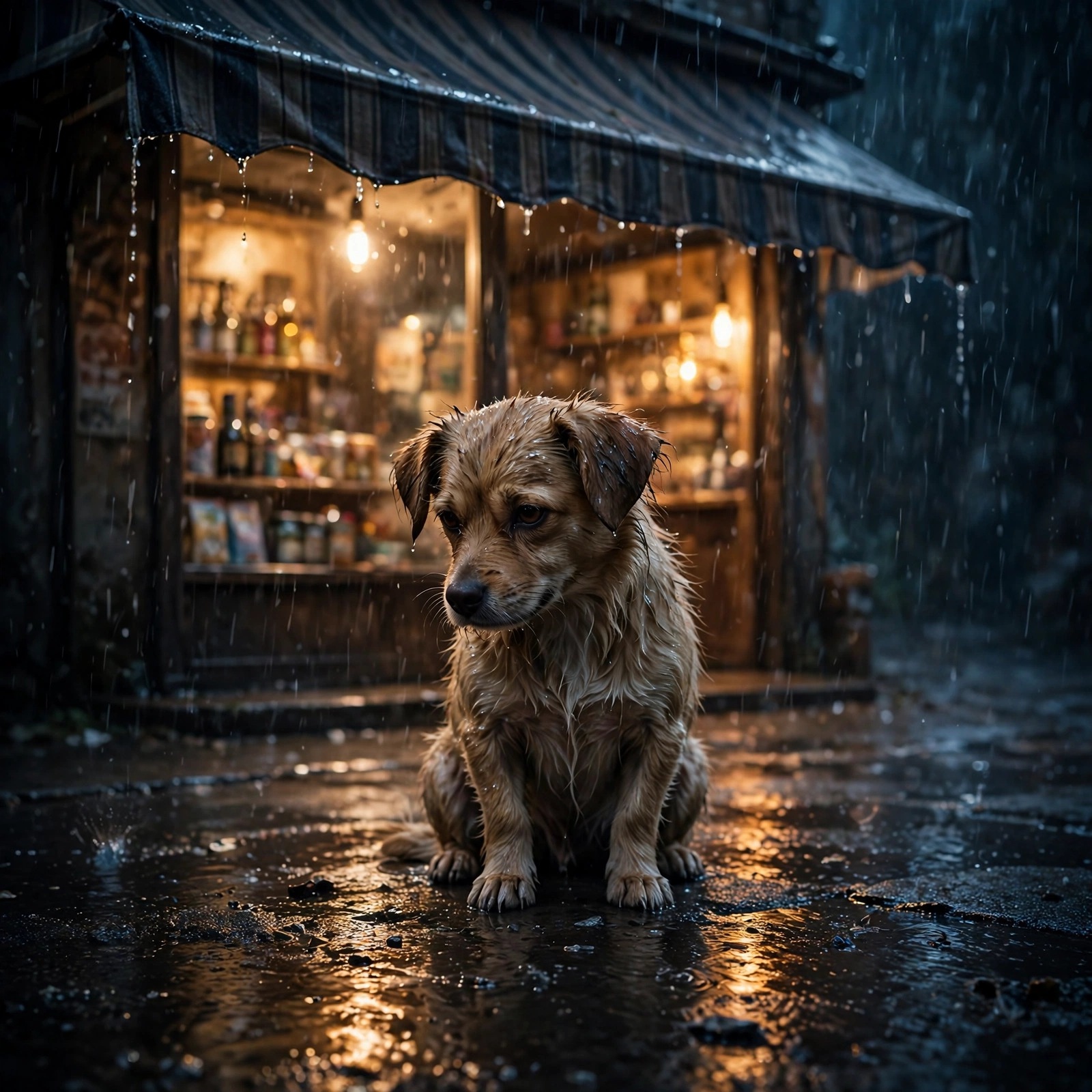 Stray Dog in the Rain by a Shop Awning
