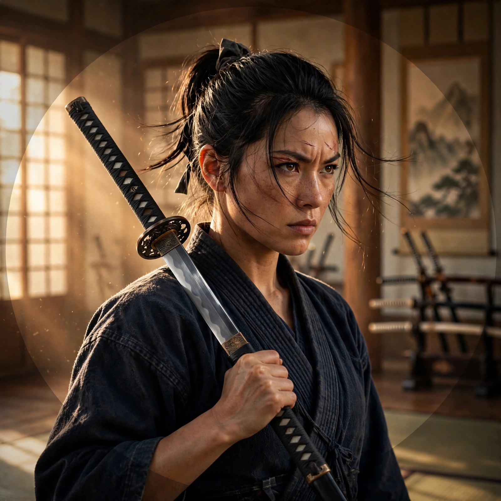 Strong fictional woman holding a katana in a traditional dojo