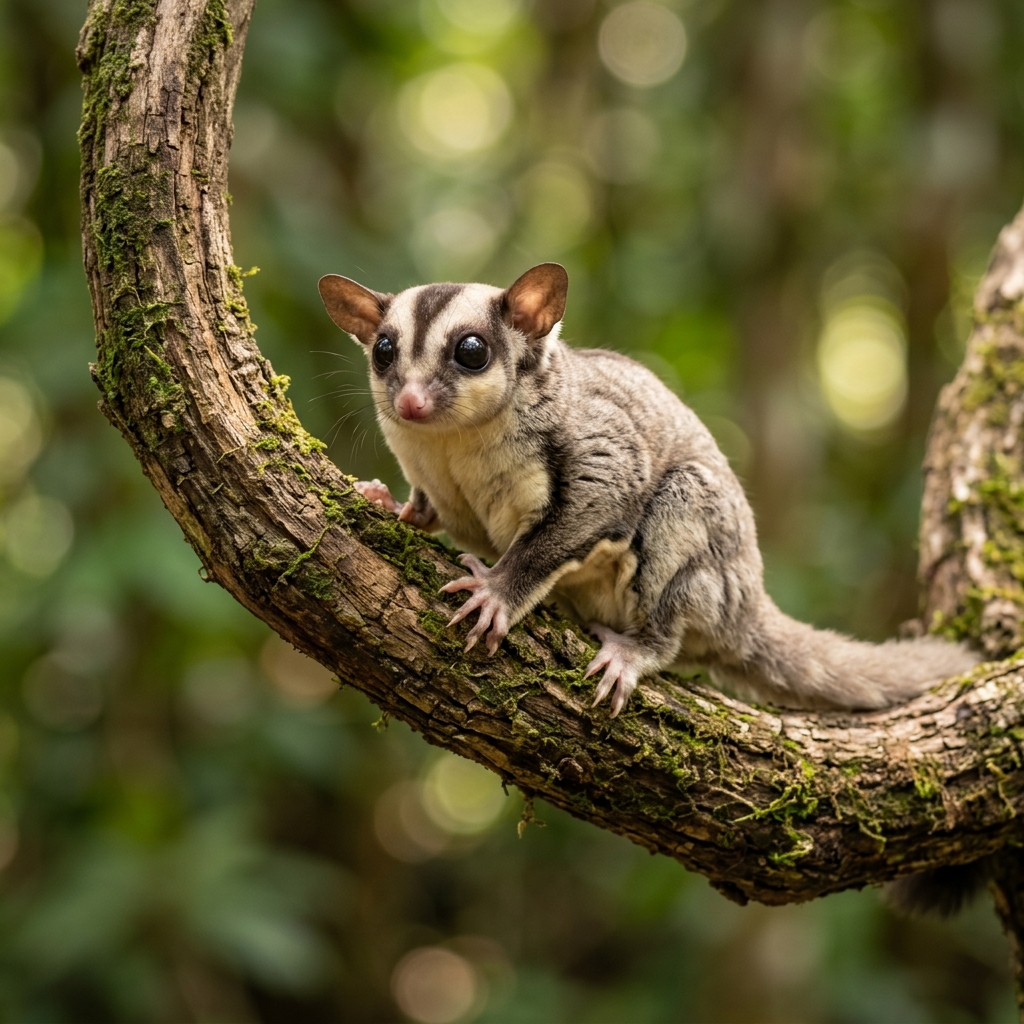A small sugar glider sits on a curved branch against soft forest bokeh