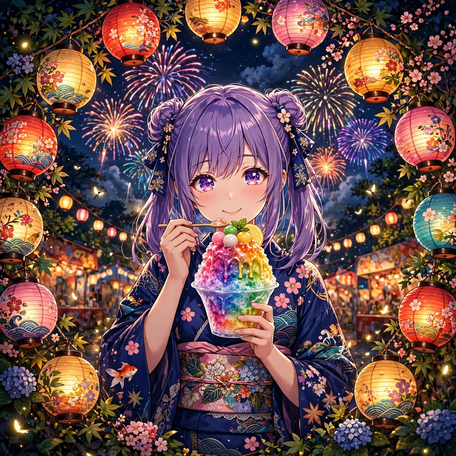 Anime girl enjoying rainbow shaved ice at a summer festival