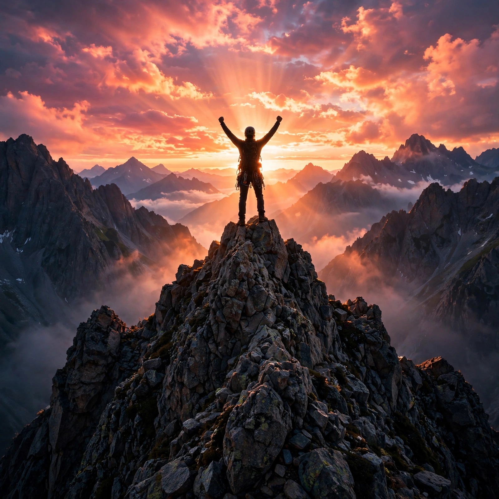 rock climber celebrating atop mountain peak at sunrise
