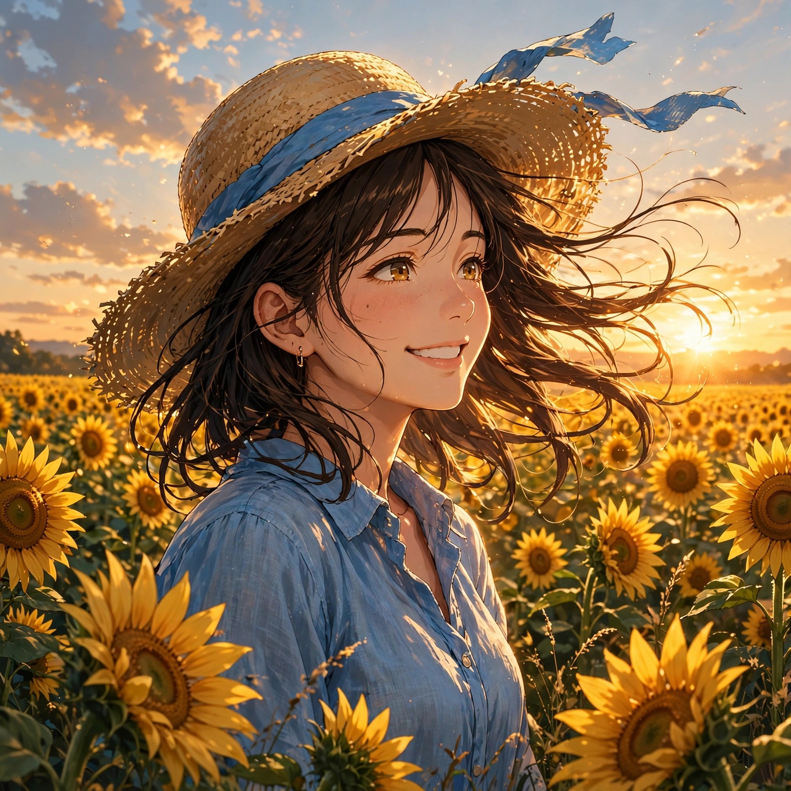 an anime girl in a straw hat standing in a vast sunflower field at golden hour anime dp