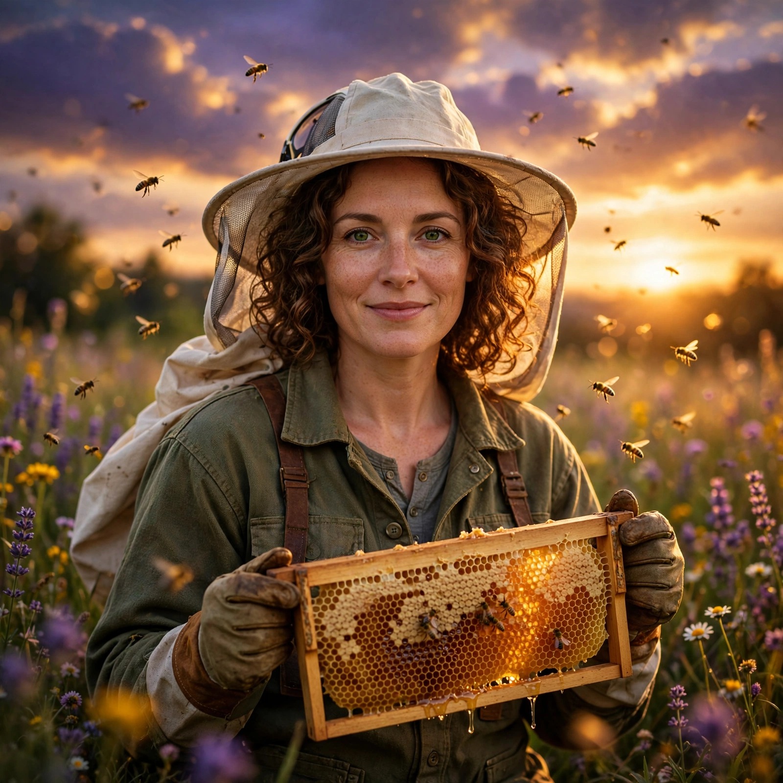 Sunset Beekeeper in Wildflower Meadow