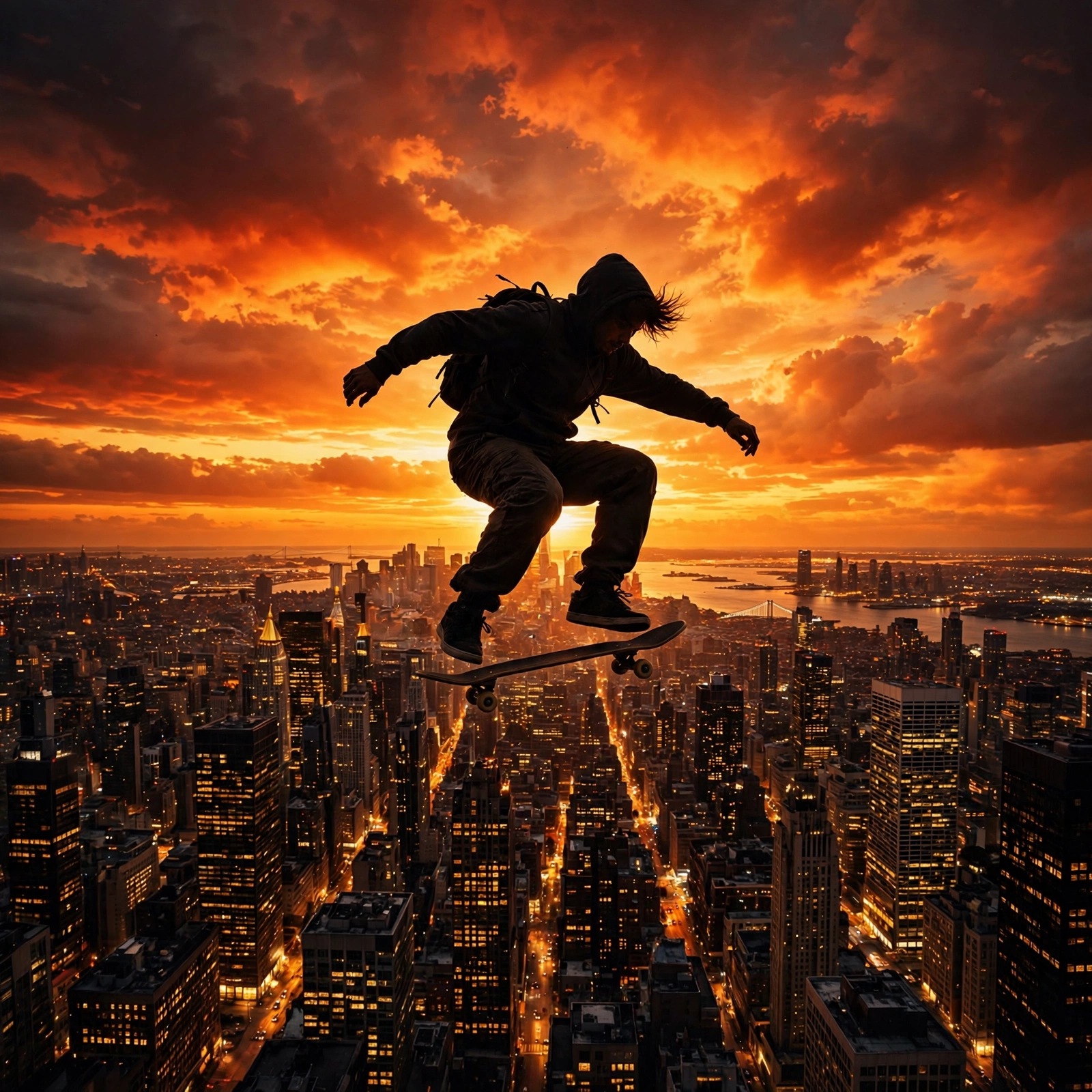 Skateboarder leaping over city skyline at sunset, attitude WhatsApp DP