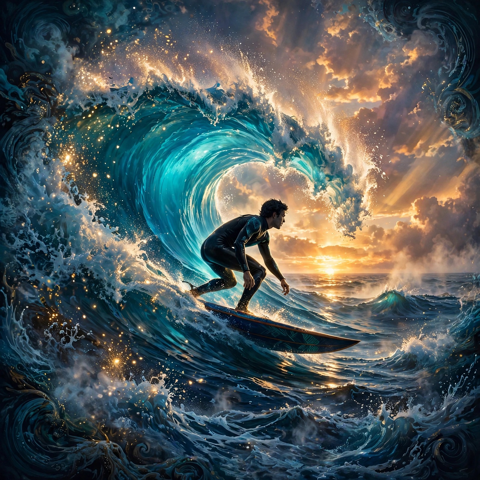 Surfer riding turquoise wave at sunrise