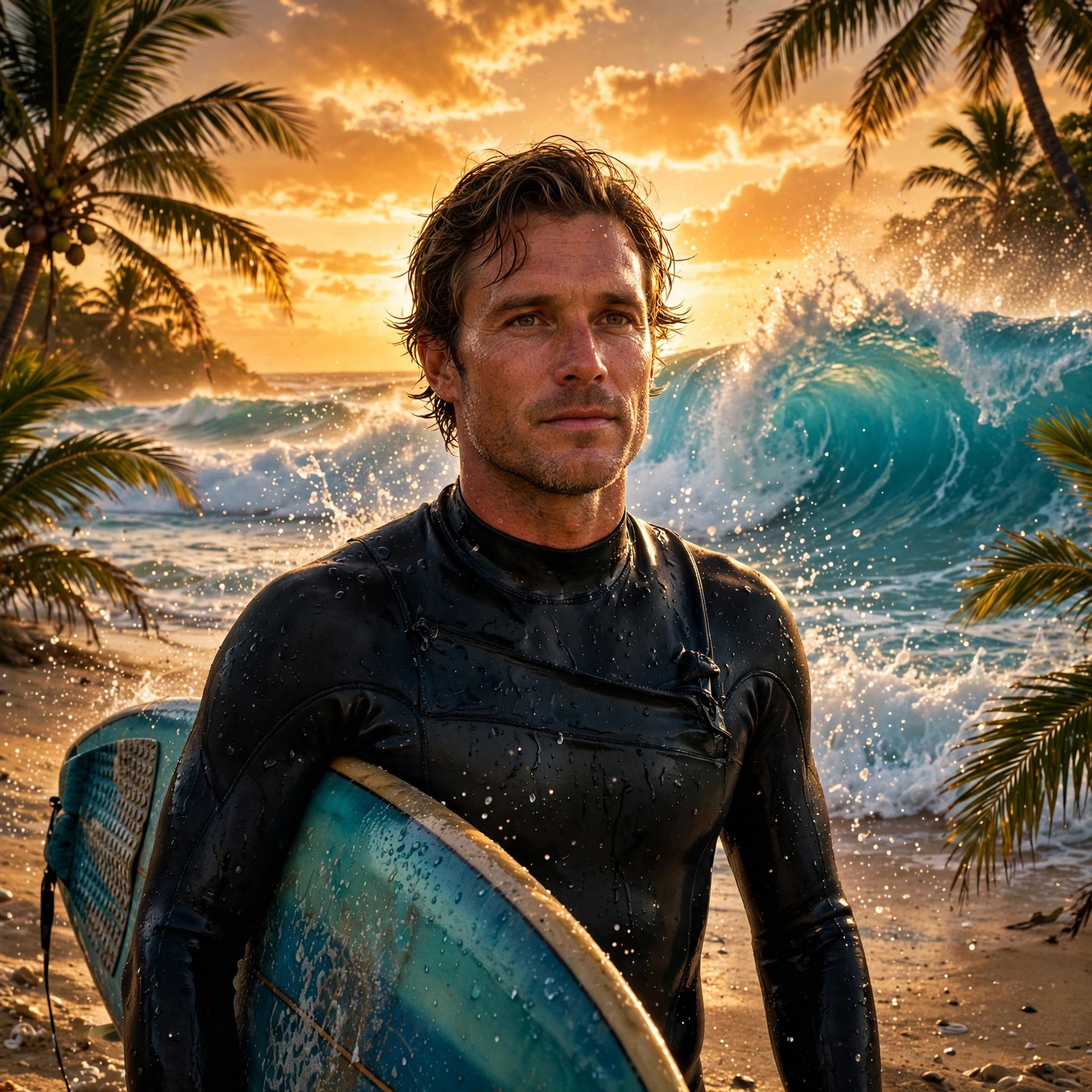 surfer holding board on beach at golden sunset boys dp