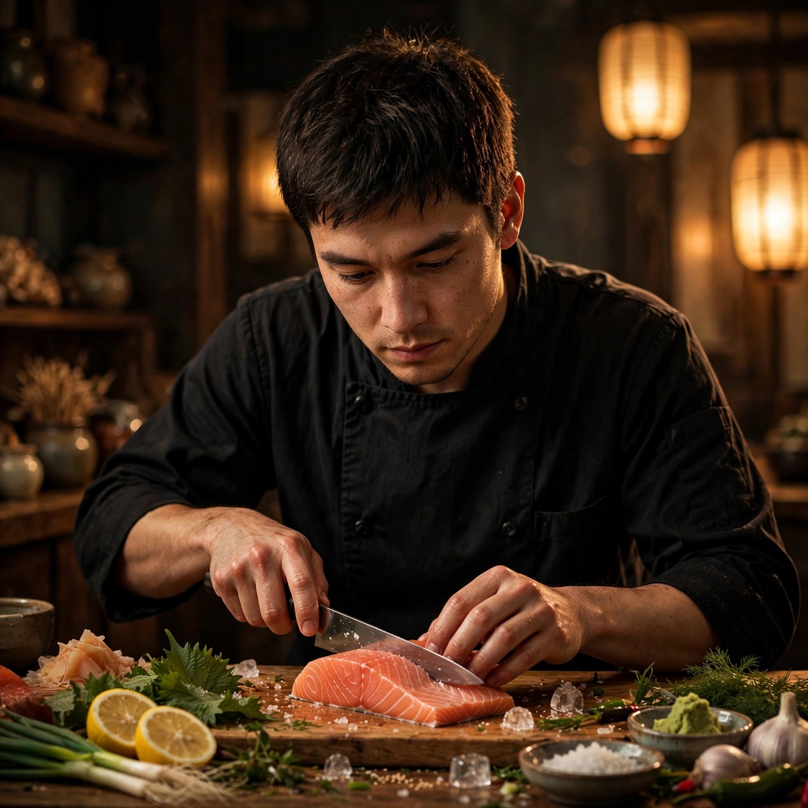 fictional adult young man sushi chef slicing fish at wooden counter boys dp