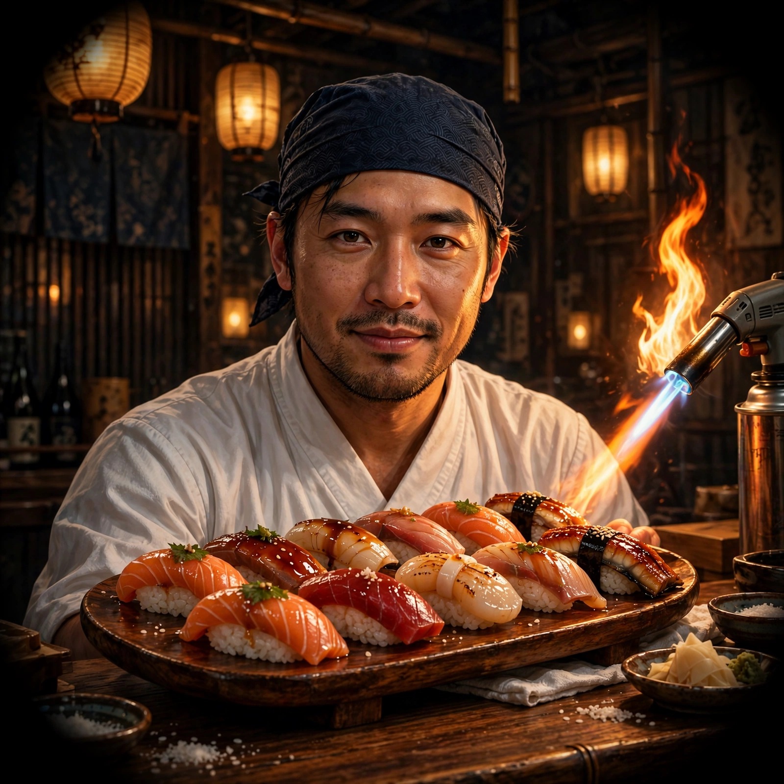 Sushi chef presenting nigiri platter at lantern-lit omakase counter, square boys profile picture