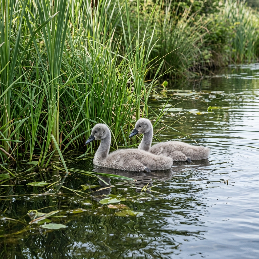Two gray swan cygnets float together beside gentle green reeds