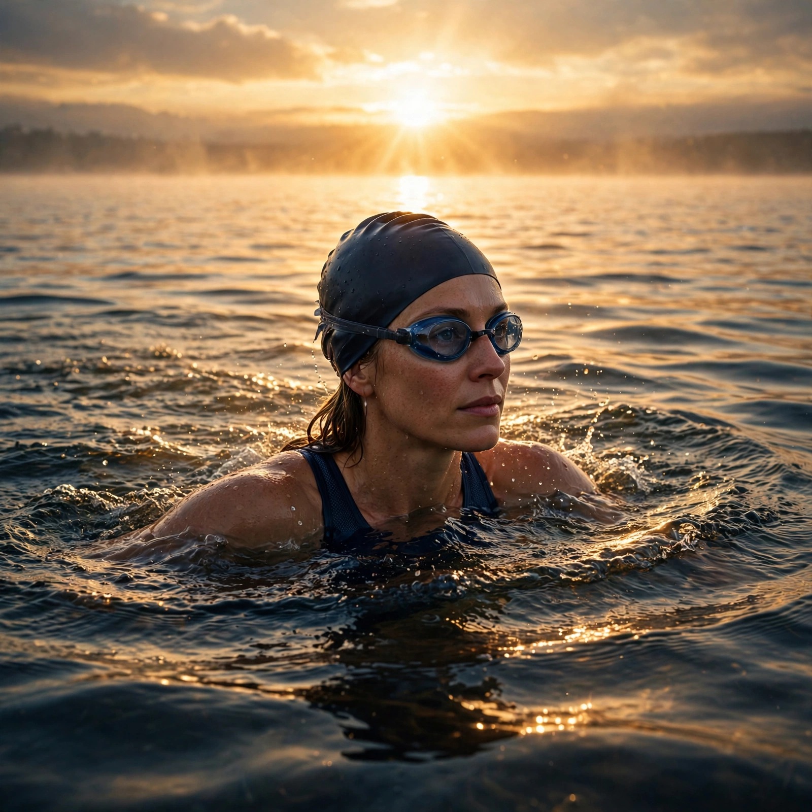 Swimmer in open water at dawn DP