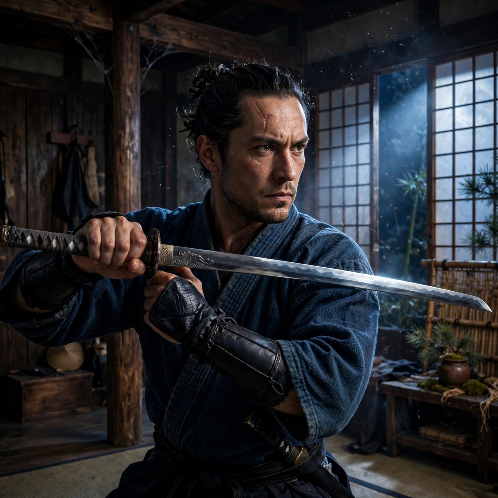 Sword Duelist in a Moonlit Dojo