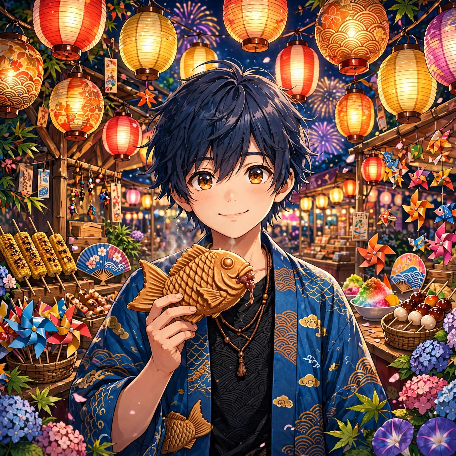 Anime boy holding a taiyaki pastry at a summer festival