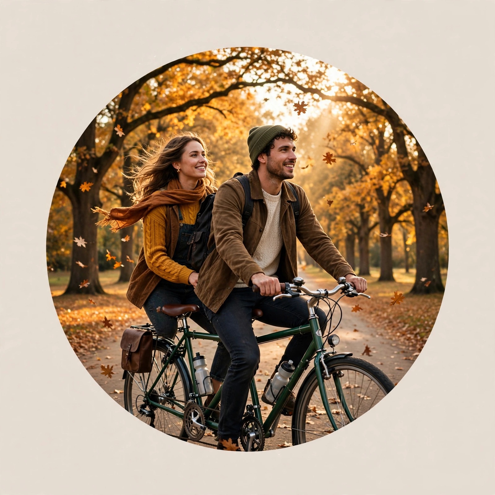 Couple riding a tandem bicycle down a golden oak avenue in autumn