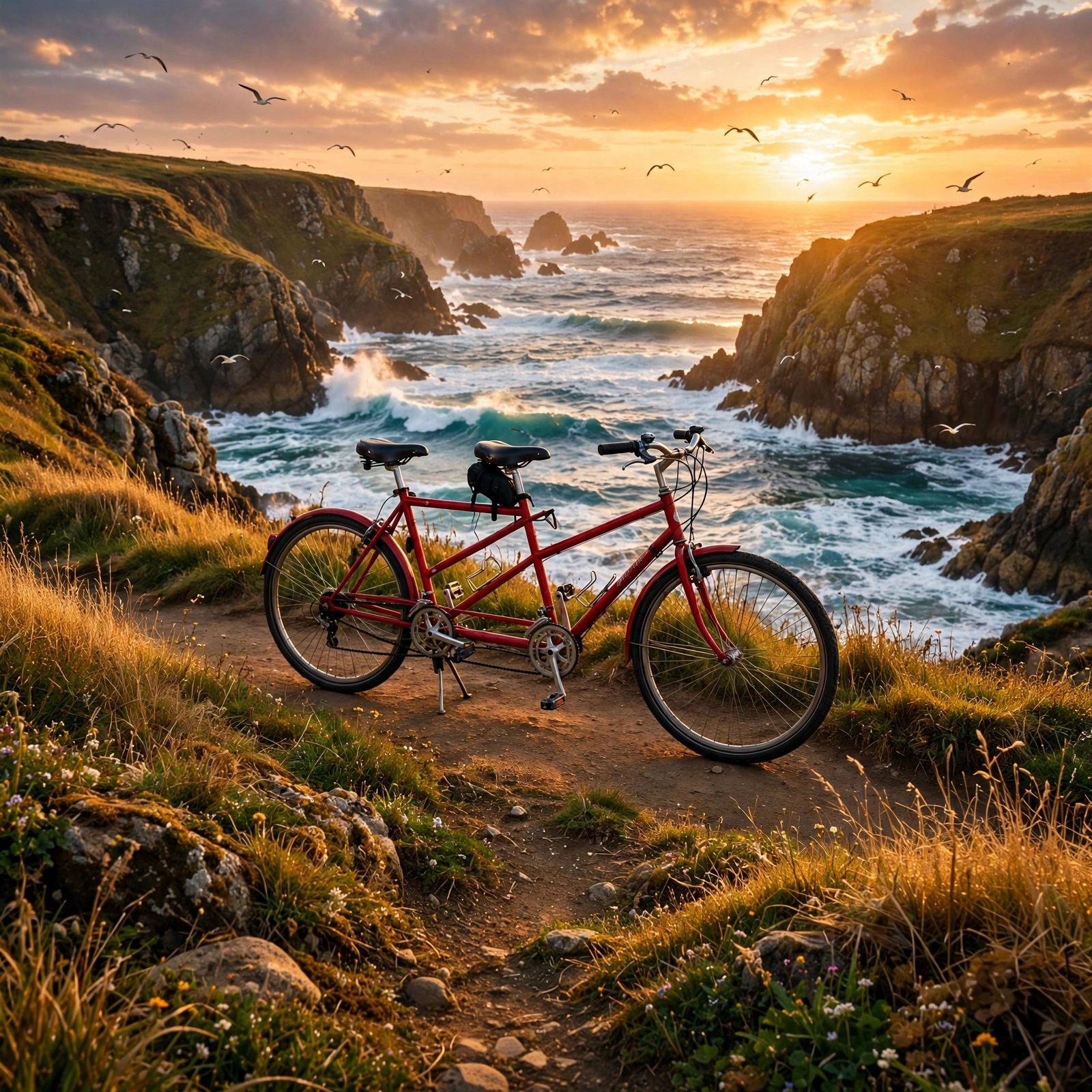 red tandem bicycle on coastal cliff at sunset friendship dp