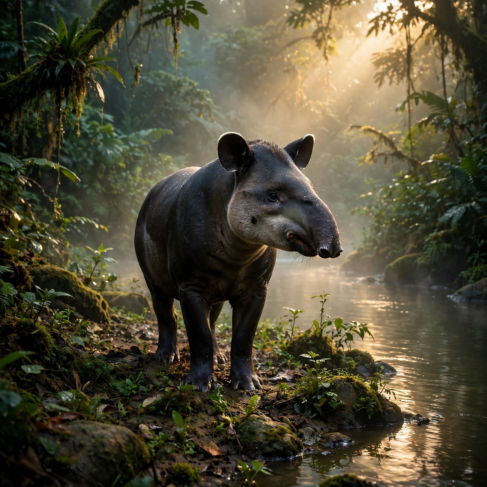 Tapir on a Misty Riverbank