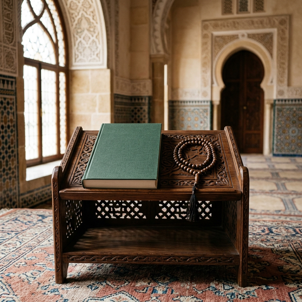Prayer beads rest beside a closed plain-covered book on a carved wooden stand, no writing